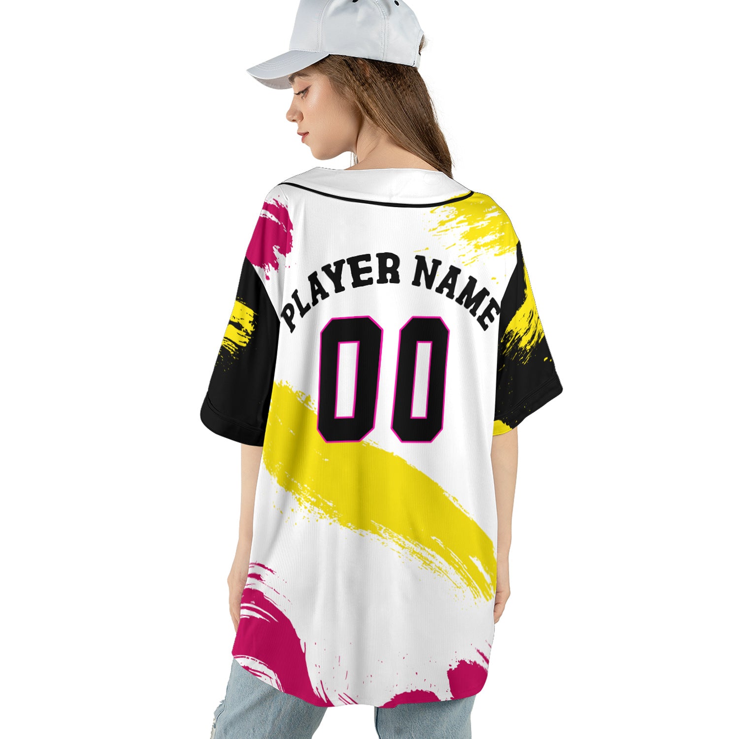 Custom White Baseball Jersey with Neon Yellow and Magenta Paint Strokes