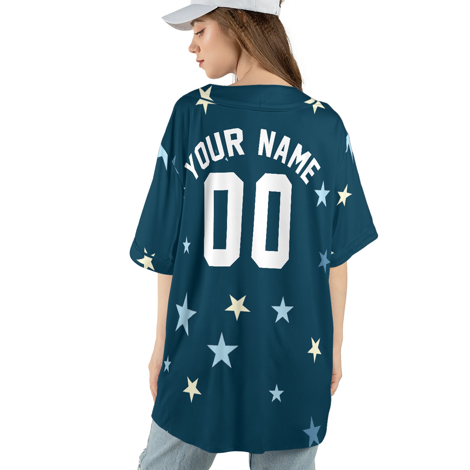 Custom Starry Sky Baseball Jersey in Deep Teal and Pastel Tones