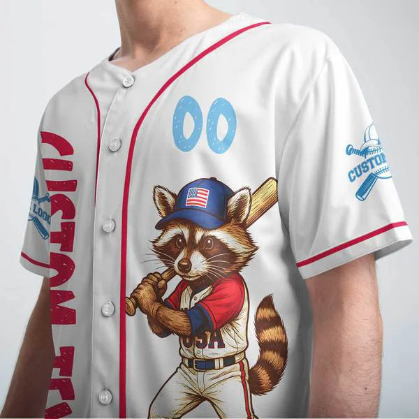 Red White, and Baseball - Racoon Baseball Player White Jersey - Personalized USA Baseball Jersey, Custom 4th of July Independence Day Patriotic