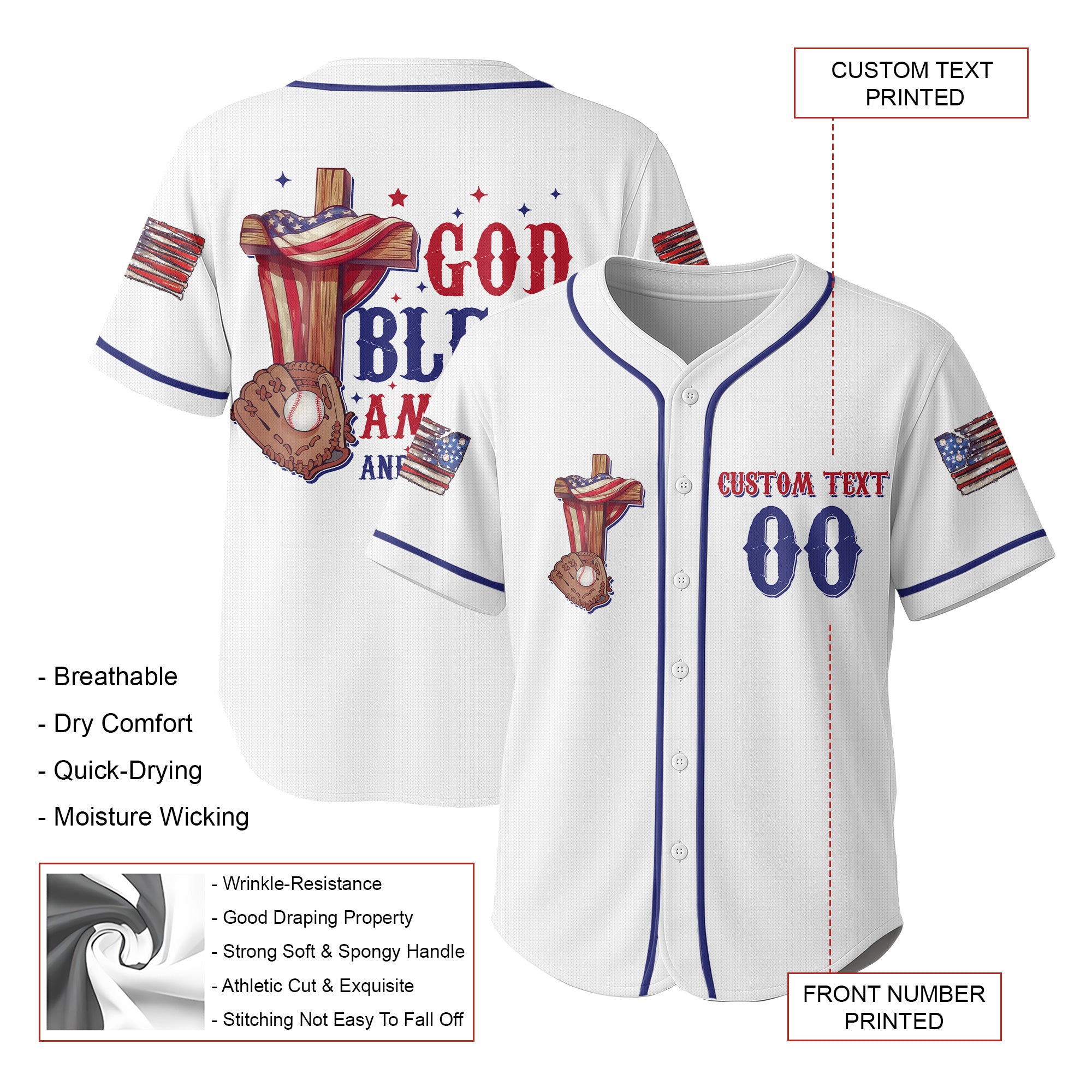 God Bless America And Baseball - Custom 4th of July Baseball Jersey