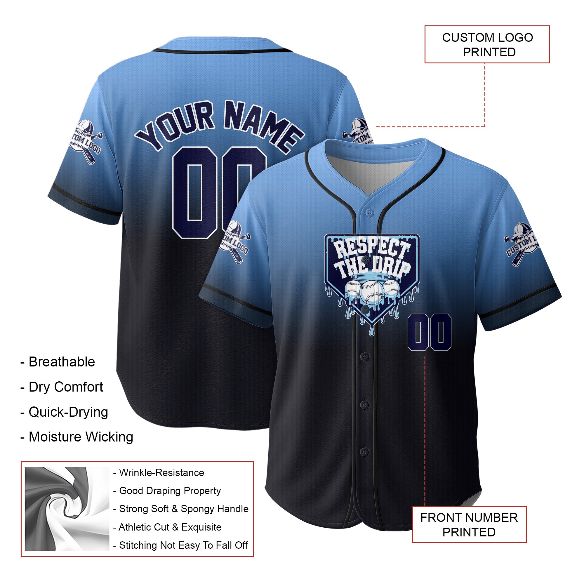 Respect The Drip - Custom Blue and Black Baseball Jersey