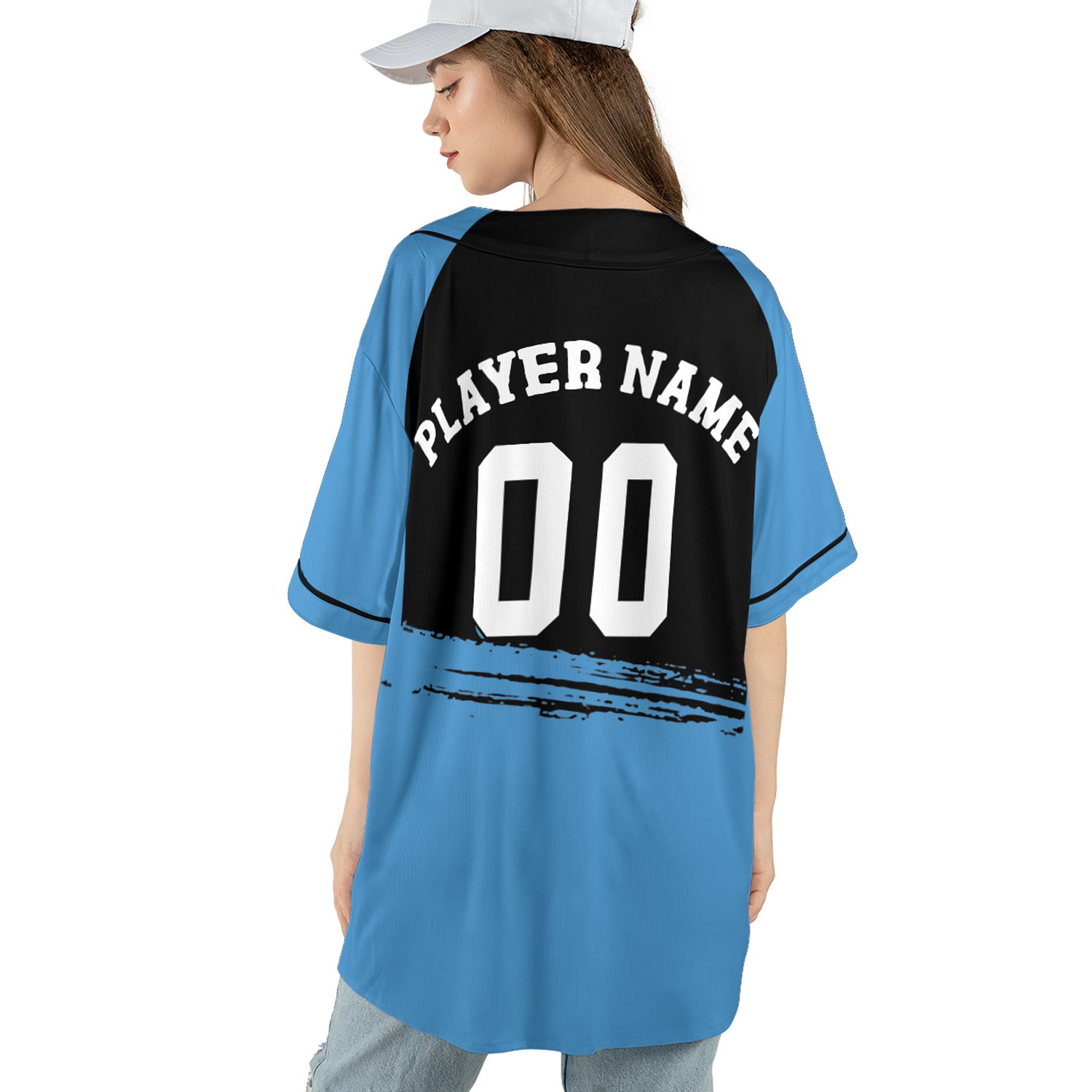 Custom Sky Blue and Black Brushstroke Baseball Jersey