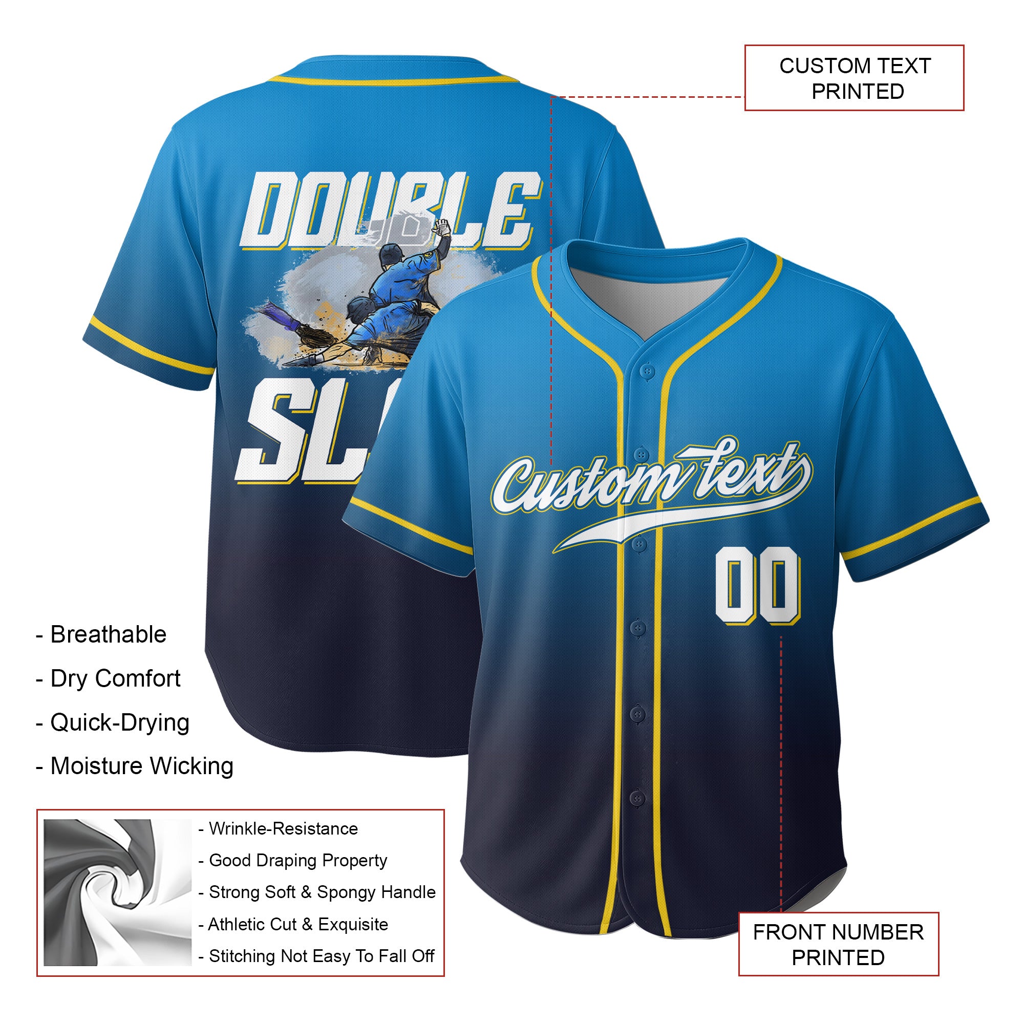 Double Slide - Custom Blue Black Gradient Baseball Jersey