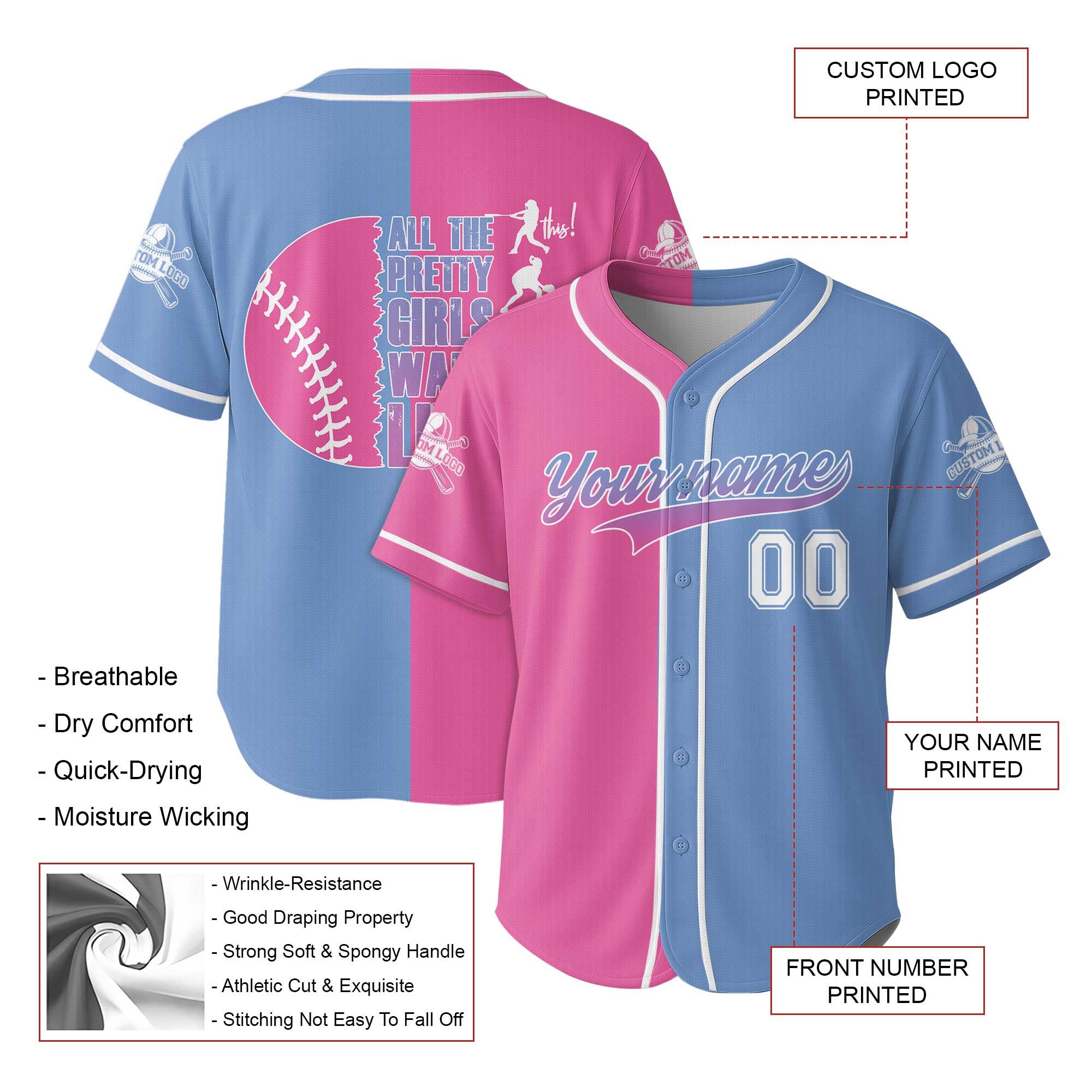 All The Pretty Girls Walk Like This - Custom Blue and Pink Baseball Jersey