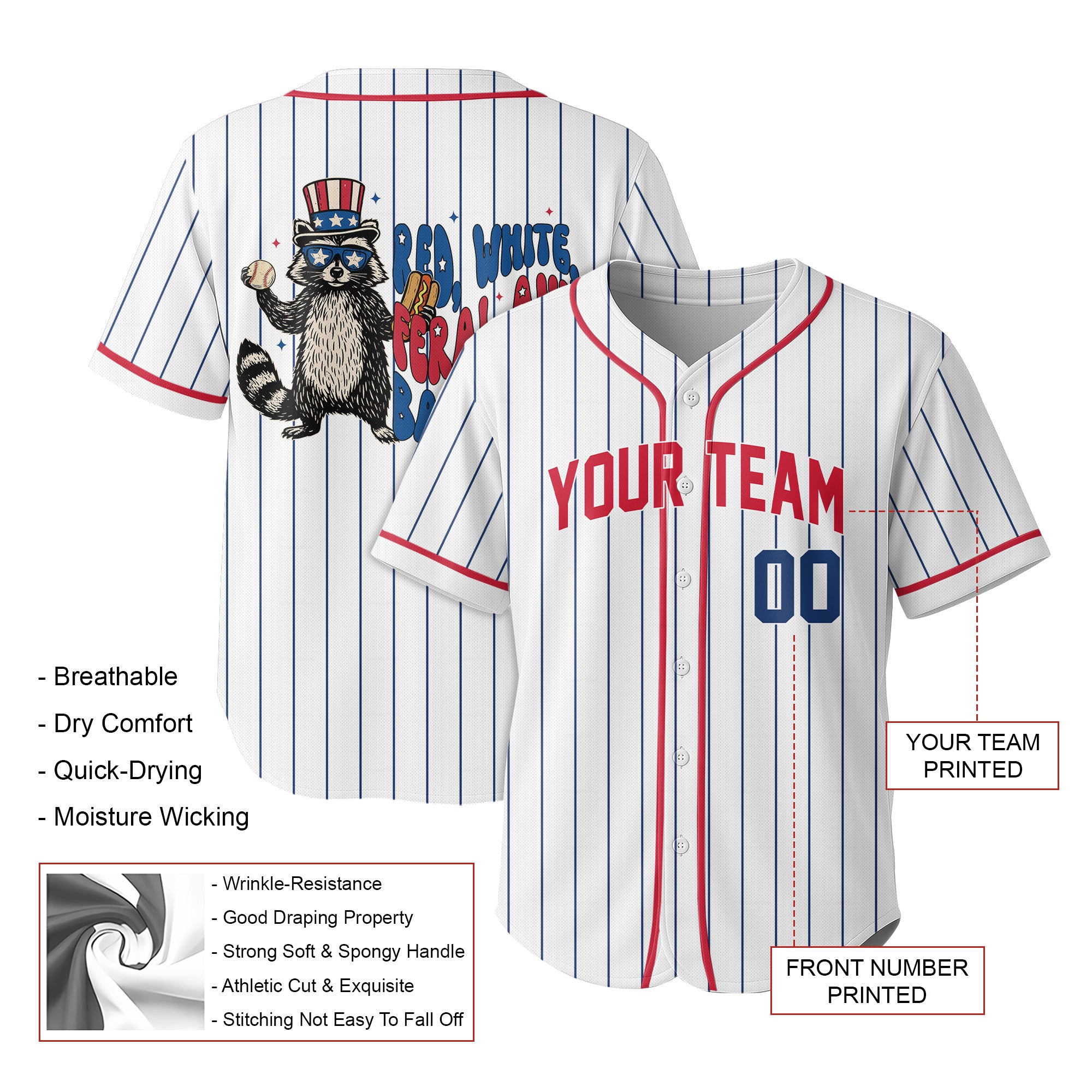 RED, WHITE, FERAL AND BASEBALL - Custom 4th Of July Baseball Jersey