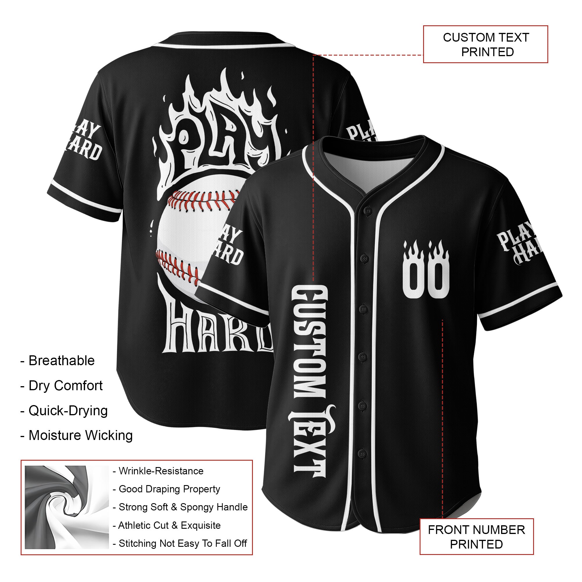 Play Hard Baseball - Custom Black and White Baseball Jersey