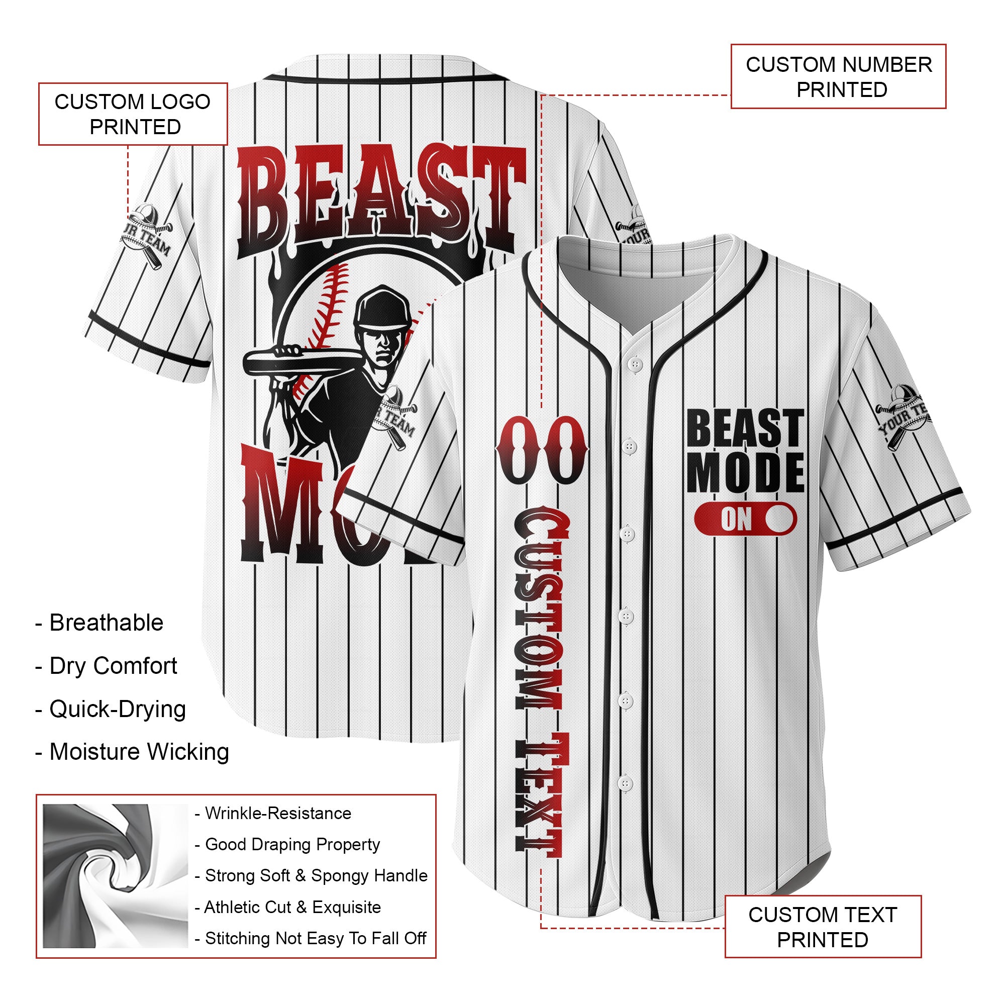 BEAST MODE - Custom White with Black Stripes Baseball Jersey