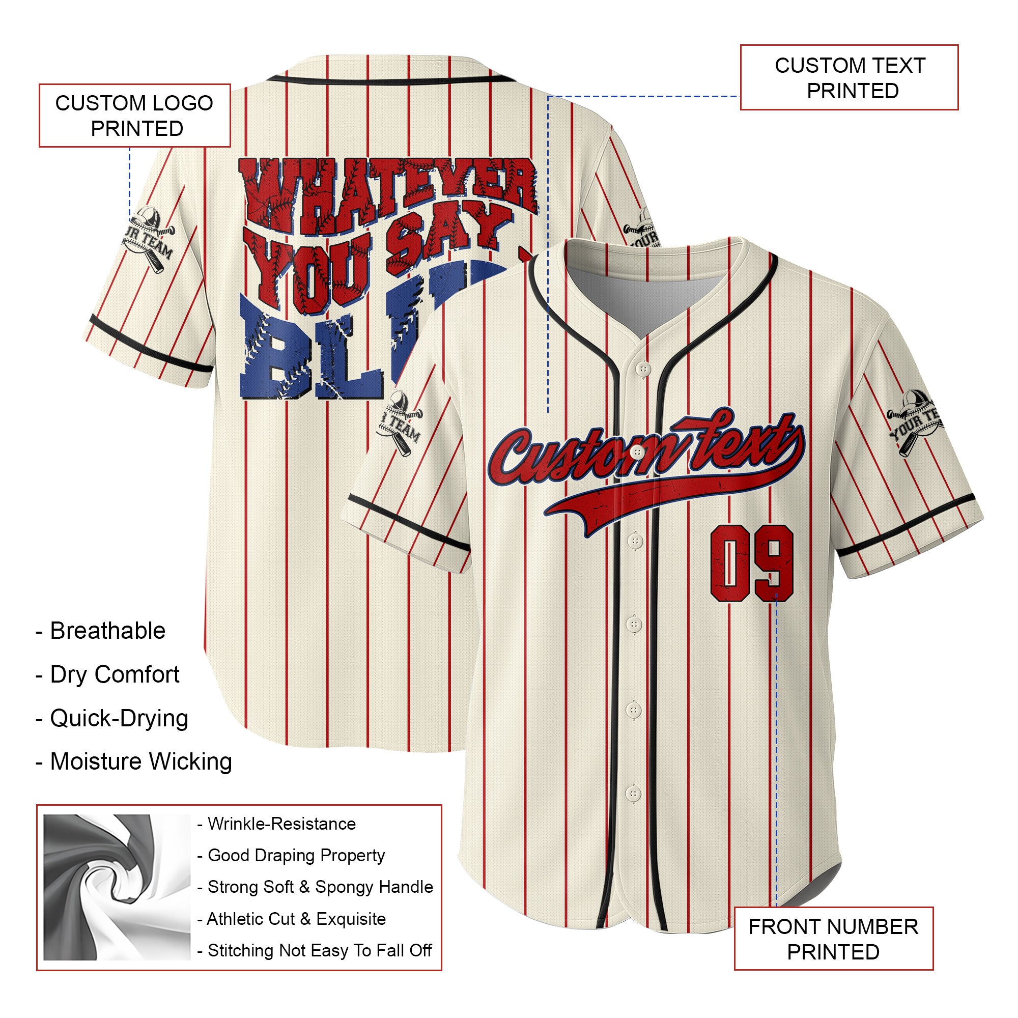 Whatever You Say Blue - Custom Cream with Red Stripes Baseball Jersey