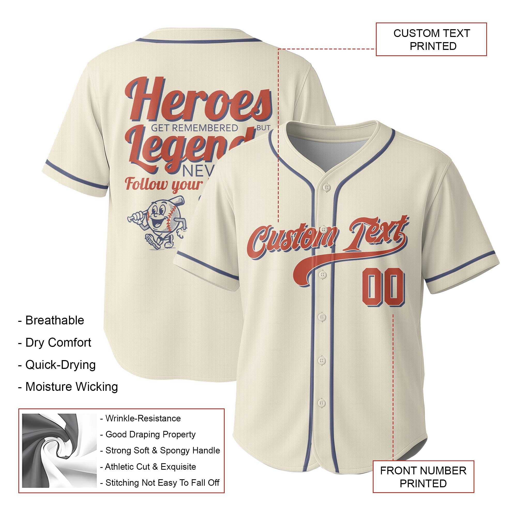 Heroes Get Remembered But Legends Never Die - Custom Cream Baseball Jersey