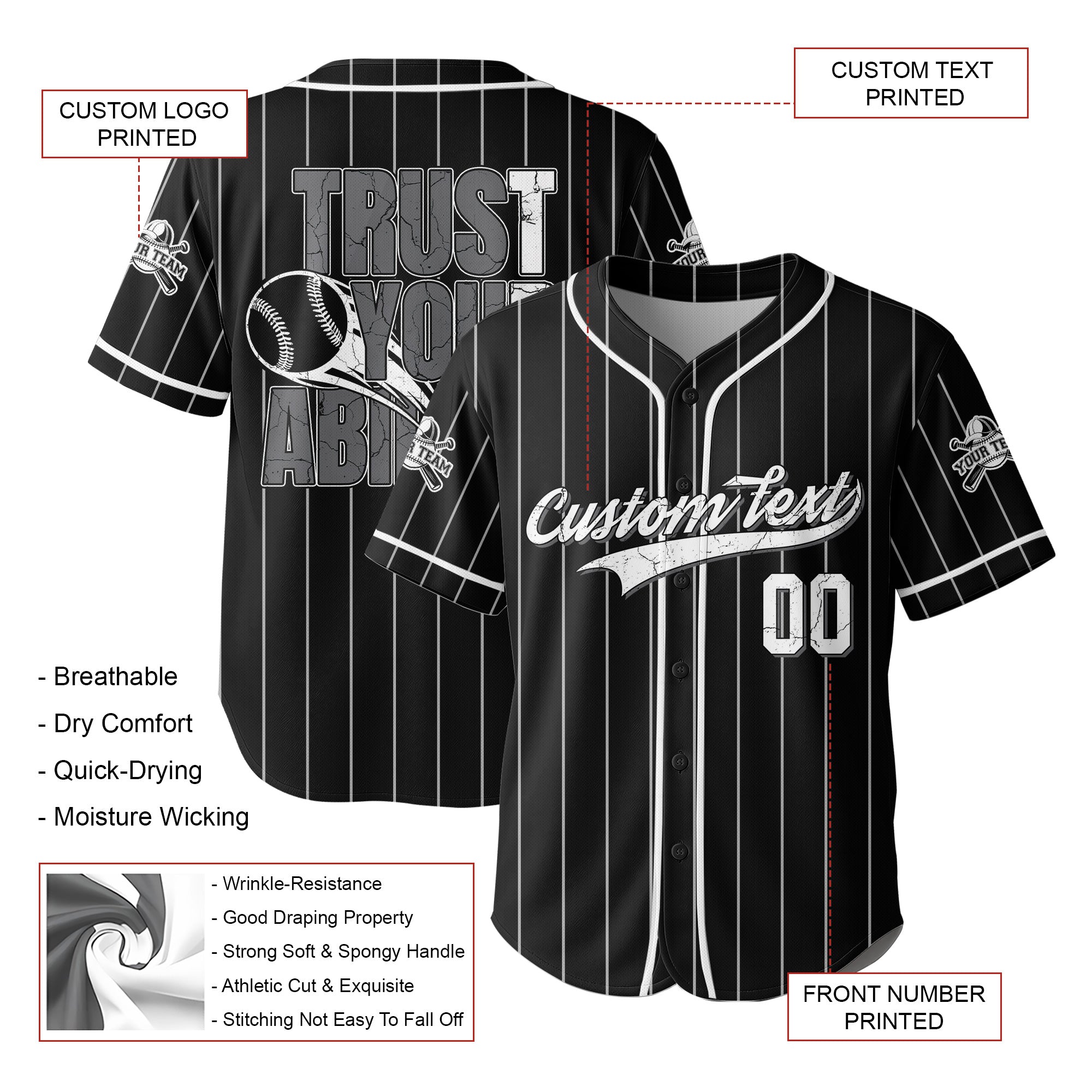 Trust Your Ability - Custom Black and White Stripes Baseball Jersey