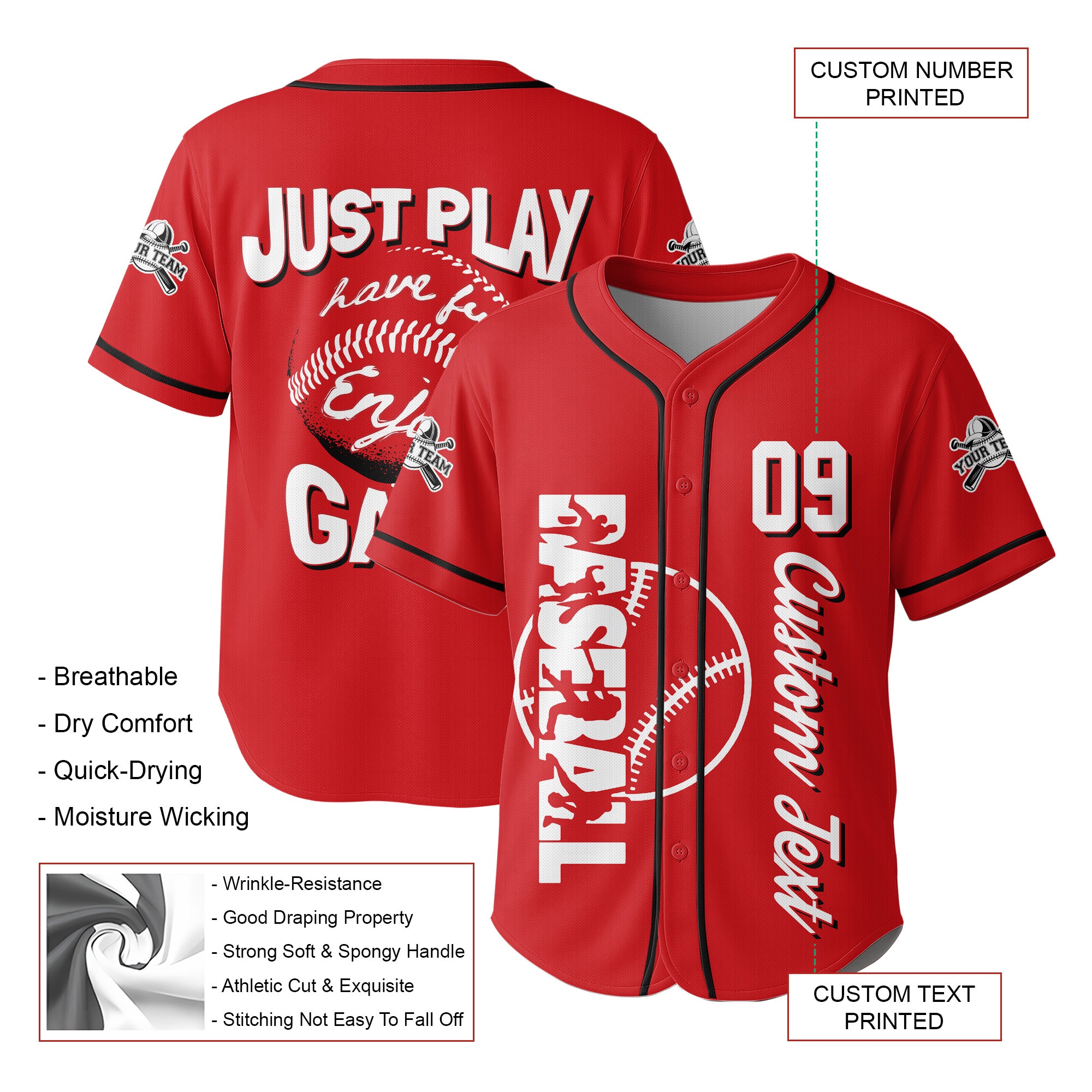 Just Have Fun And Enjoy The Game - Custom Red Black Baseball Jersey