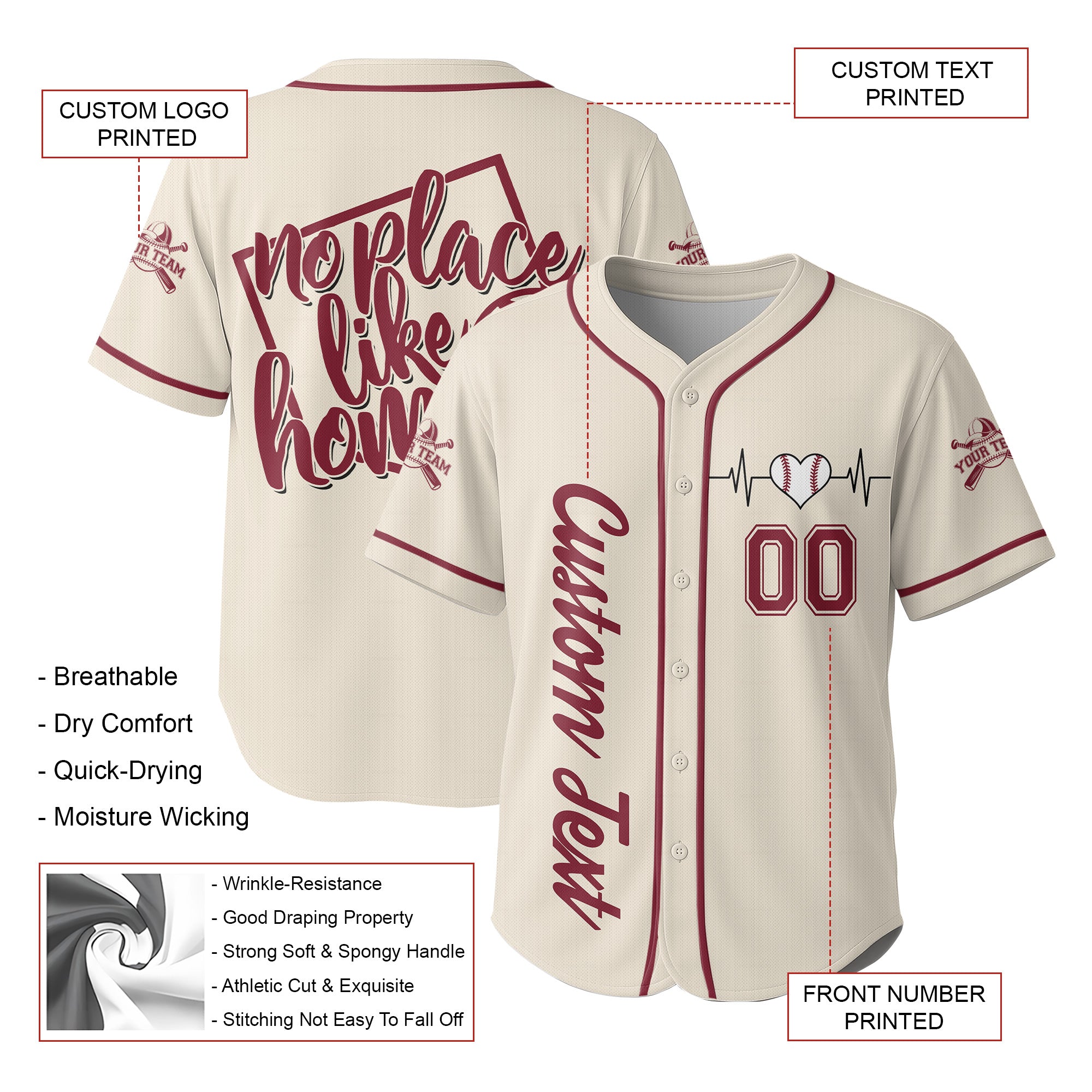No Place Like Home - Custom Cream Red Baseball Jersey