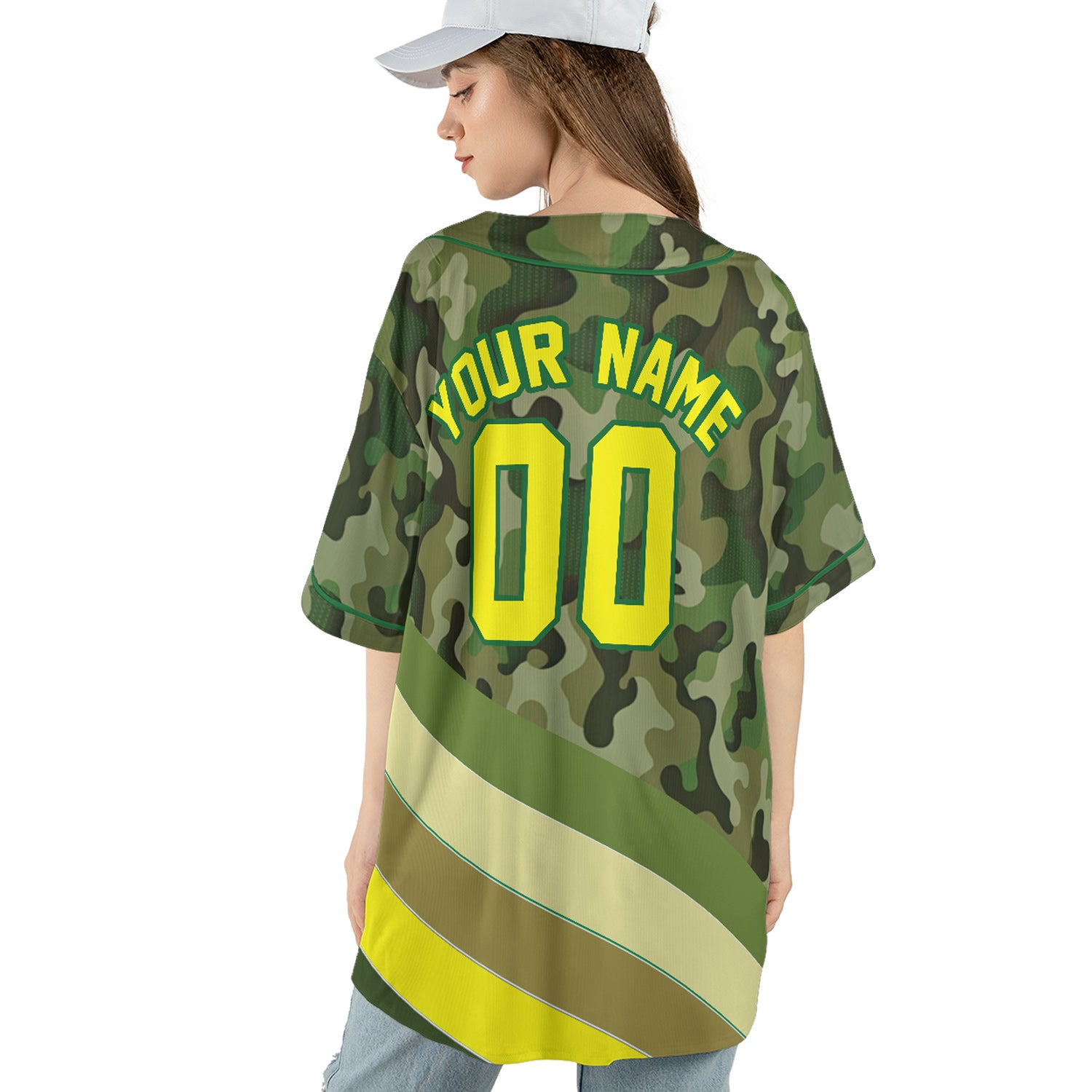 Custom Camo Baseball Jersey with Green-Yellow Stripe Accents