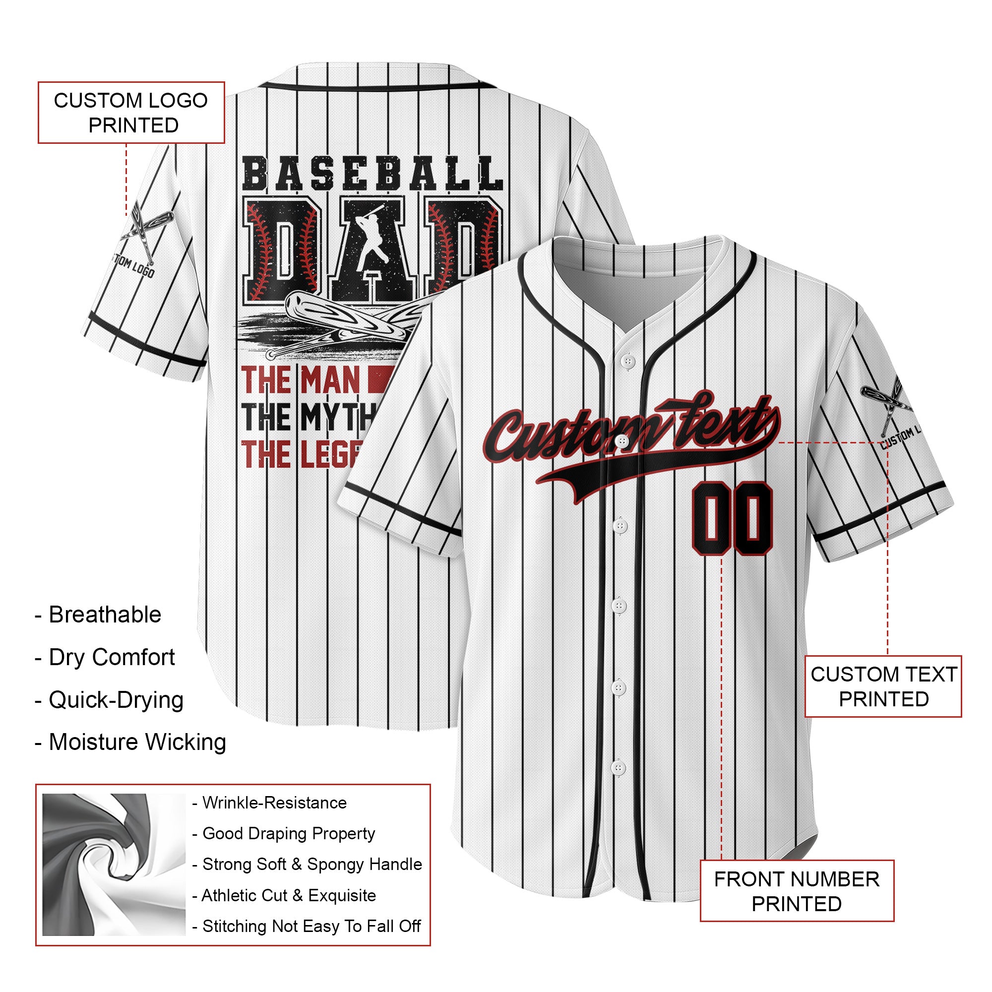 Custom Baseball Jersey - Baseball Dad The Men, The Myth, The Legend - Father's Day Shirt for Baseball Lover, Gift for Husband, New Father