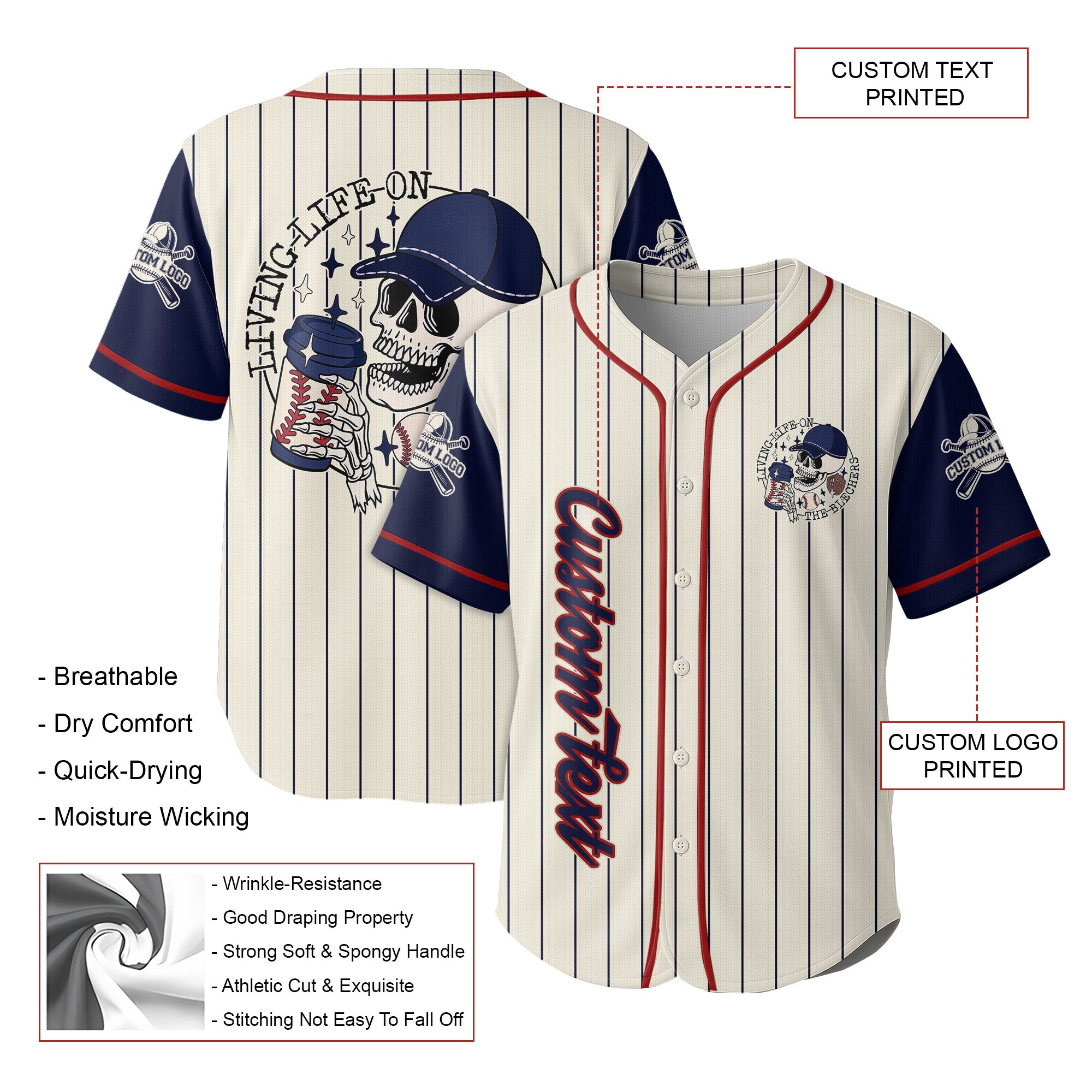 Living Life on the Blechers  - Custom Baseball Jersey - Custom name, number - Baseball Lover -  Cream Navy Pinstripe