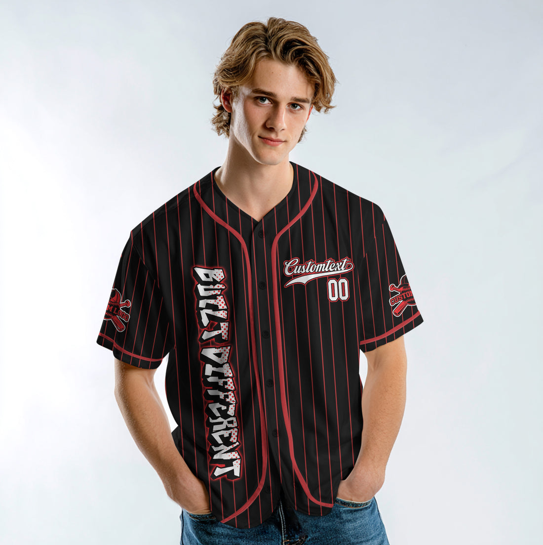 Custom Black Red Pinstripes Baseball Jersey - Built Different