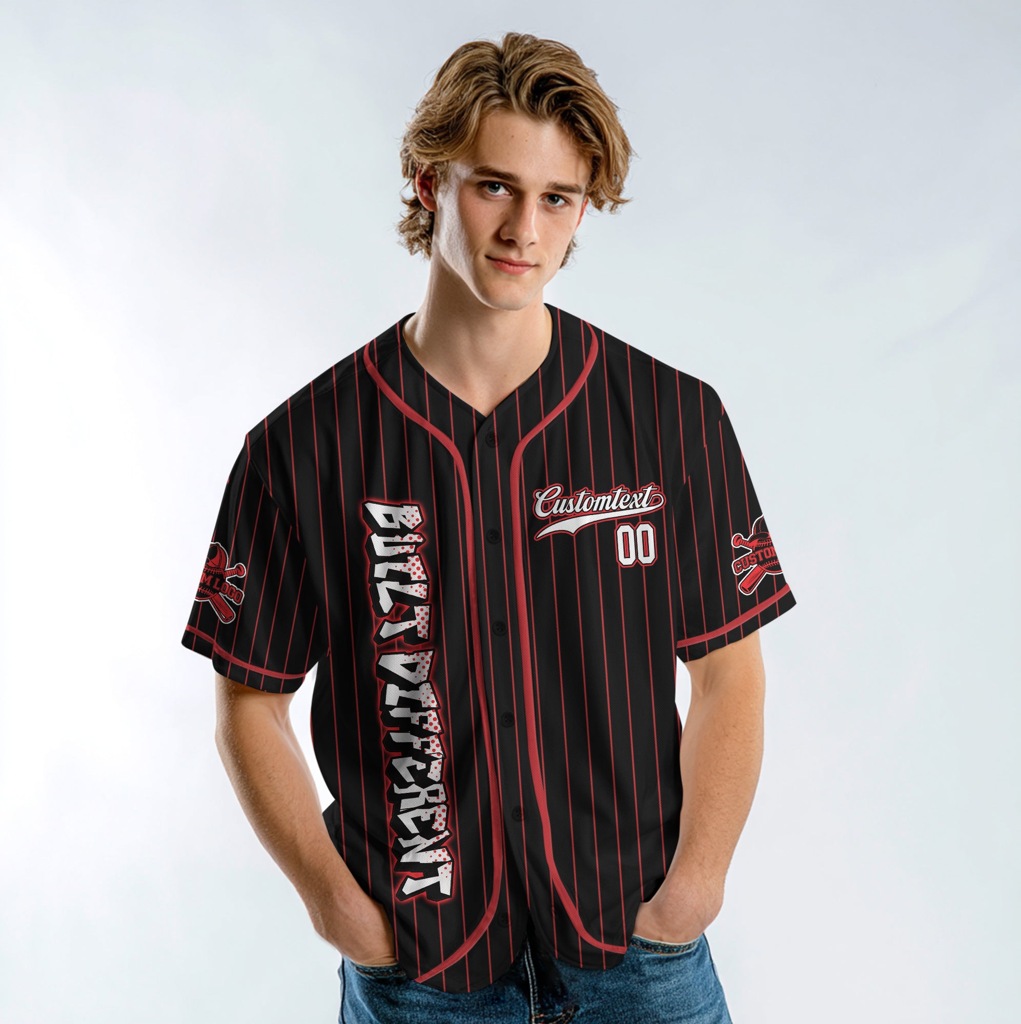Custom Black Red Pinstripes Baseball Jersey - Built Different