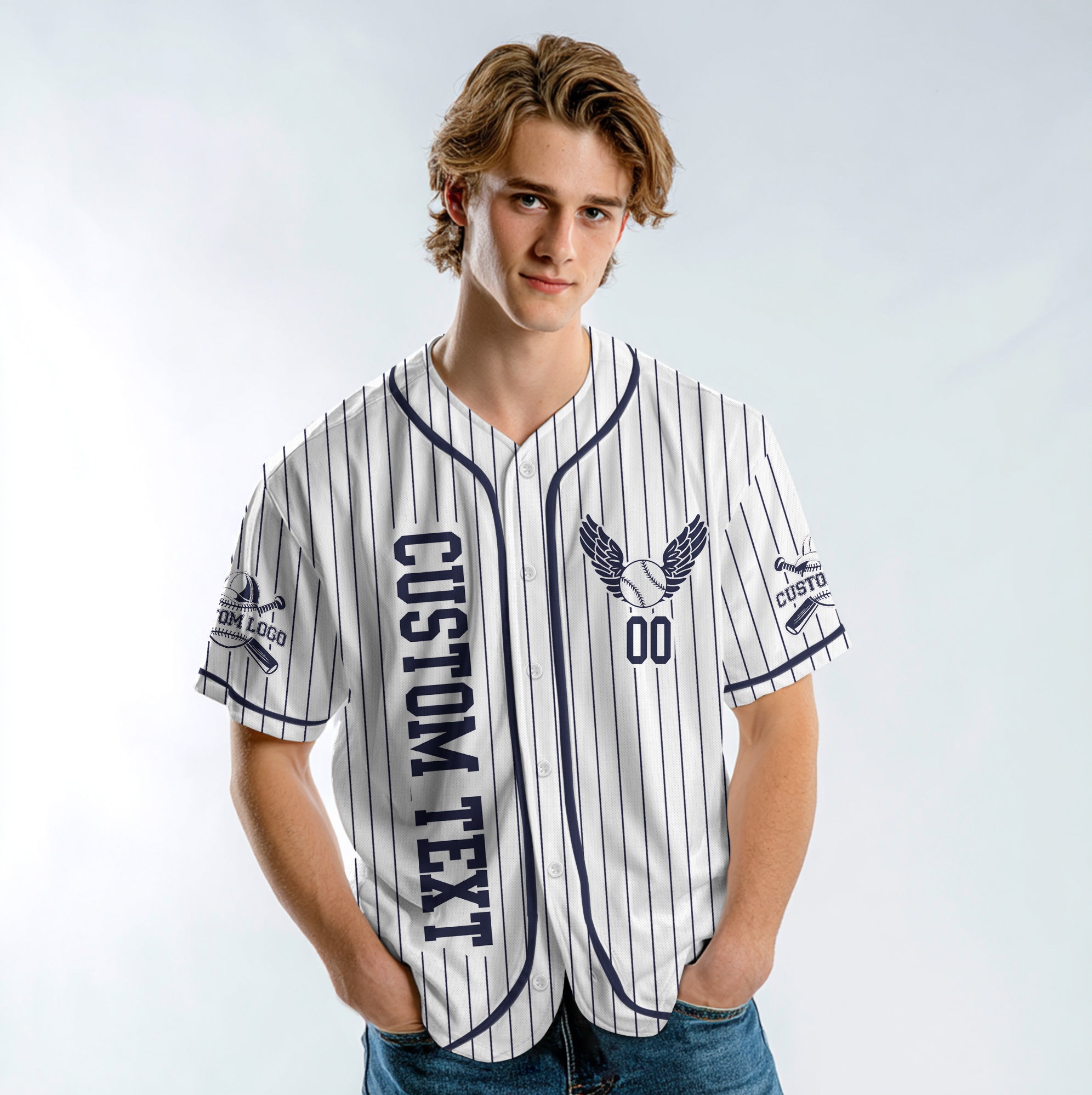 Custom White Navy Pinstripes Baseball Jersey - Just Blessed