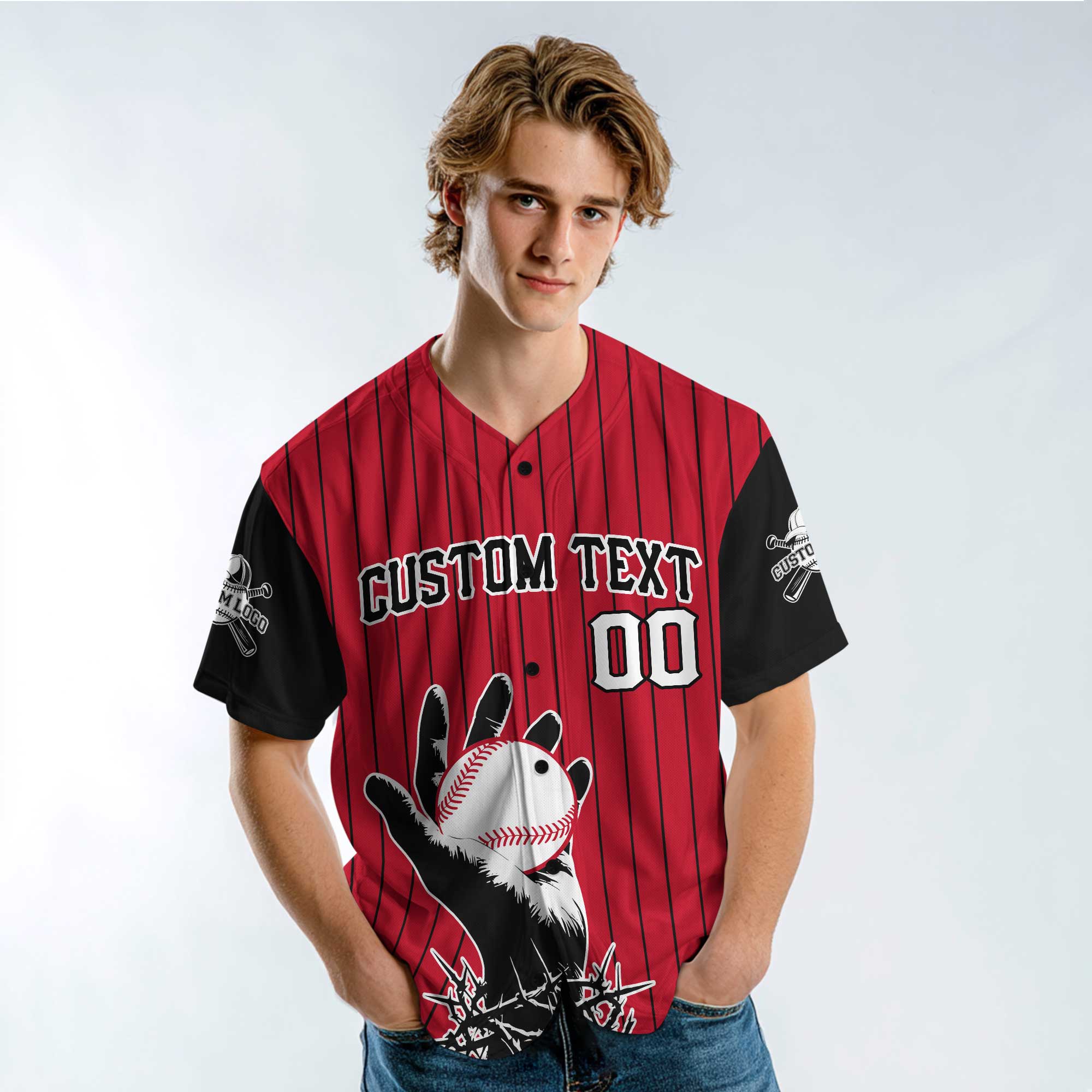 Custom Red and Black Pinstripes Baseball Jersey - God Got Me