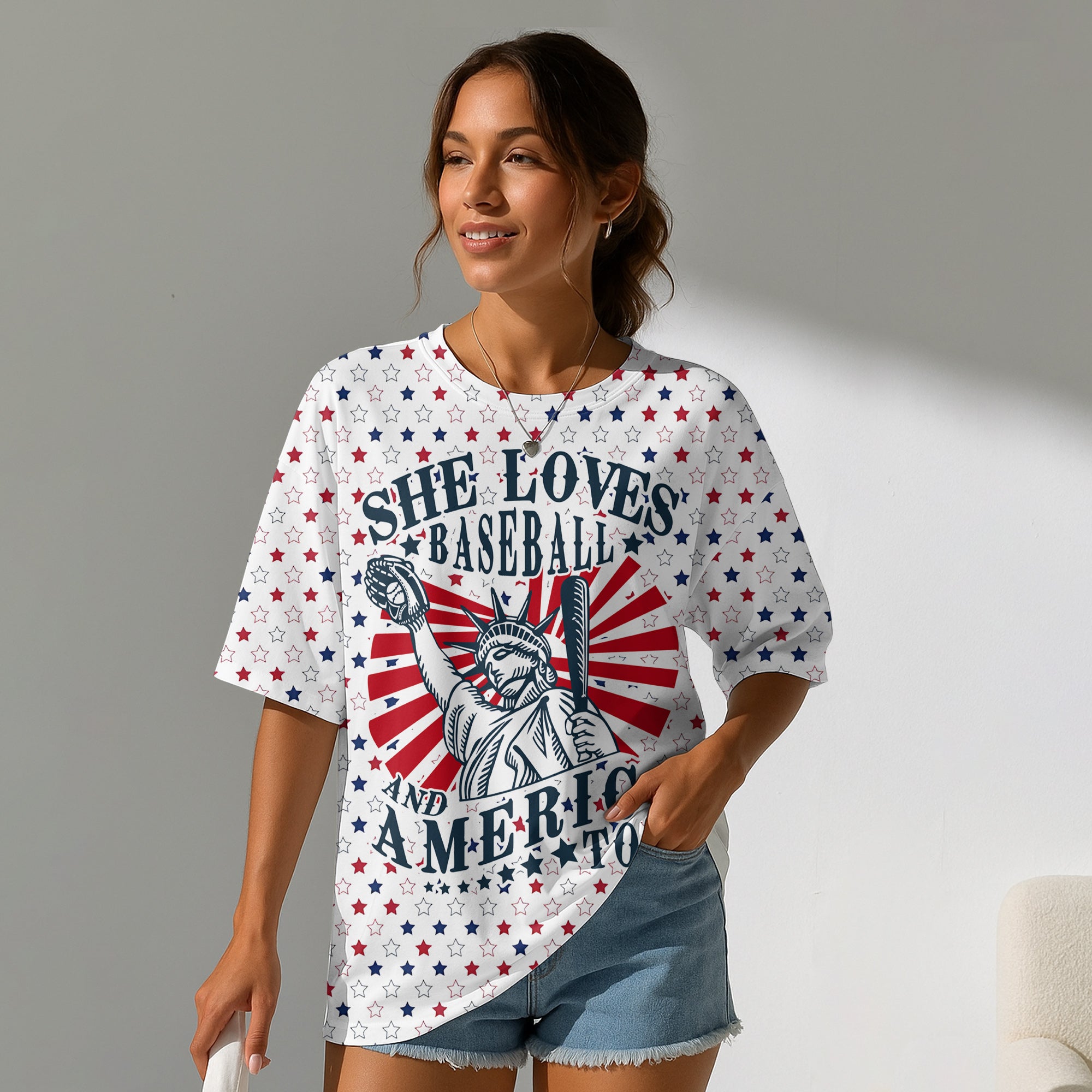 She Loves Baseball And America Too All Over Print Baseball T-Shirt