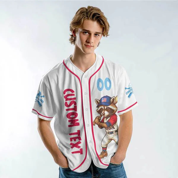Red White, and Baseball - Racoon Baseball Player White Jersey - Personalized USA Baseball Jersey, Custom 4th of July Independence Day Patriotic