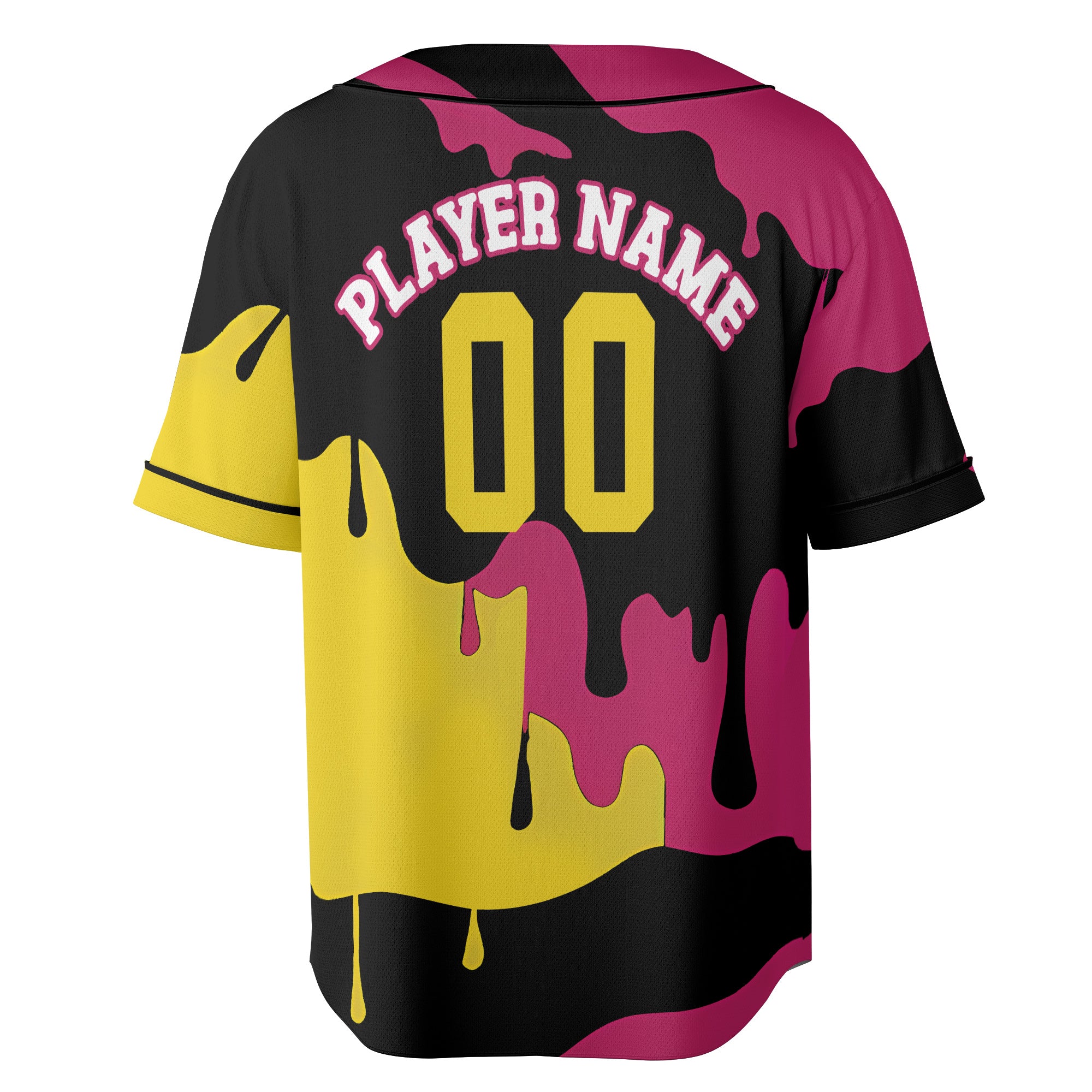 Custom Drip Art Baseball Jersey in Neon Yellow and Magenta on Black