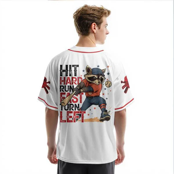 Hit Hard Run Fast Turn Left - Racoon Player  - Custom Baseball Jersey - Custom name, number - Baseball Lover