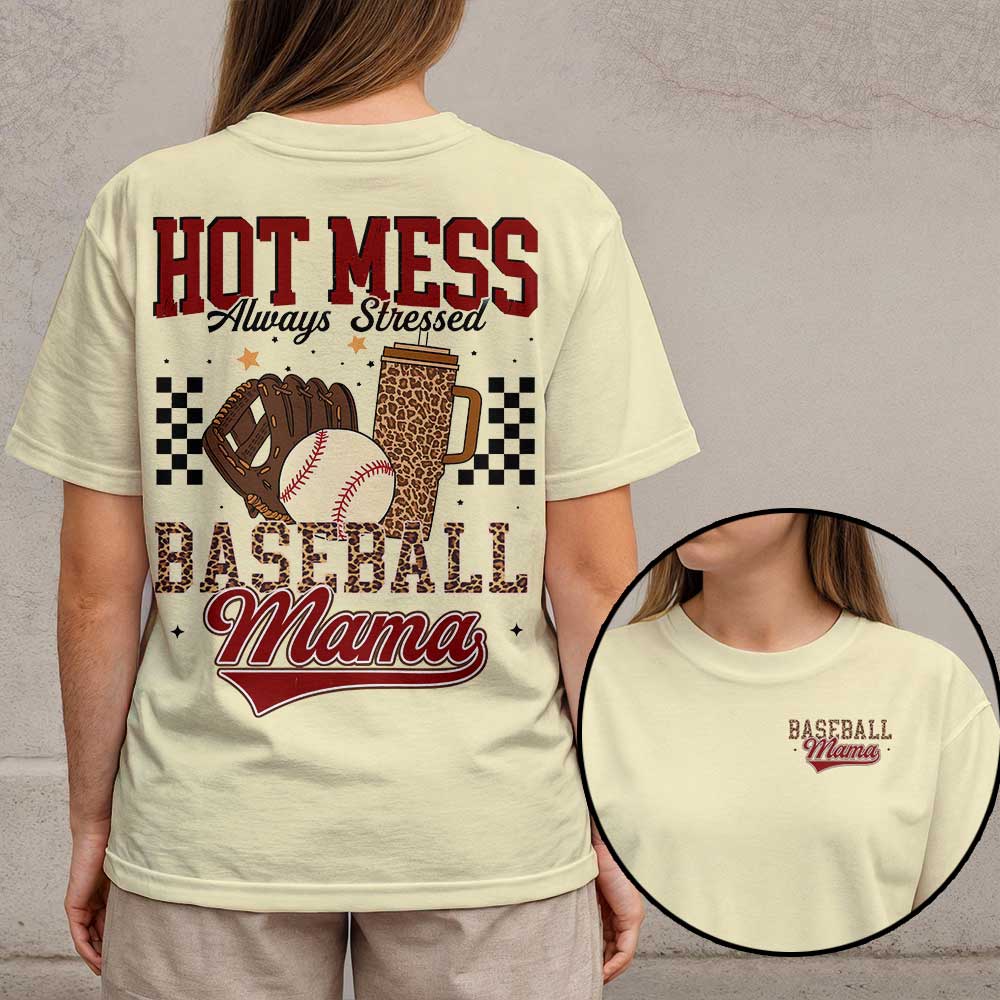 Hot Mess Always Stressed - All Over Print Baseball Mom T-Shirt