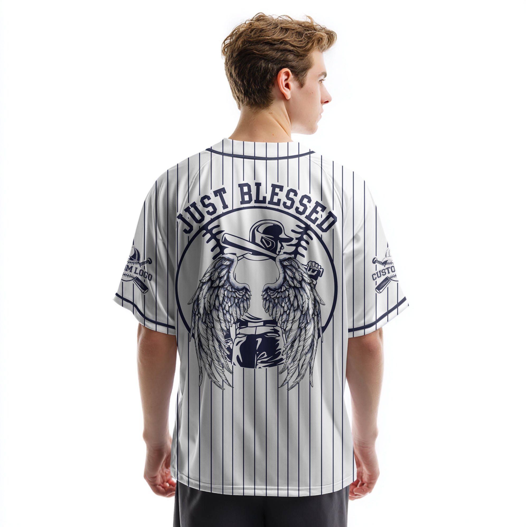Custom White Navy Pinstripes Baseball Jersey - Just Blessed