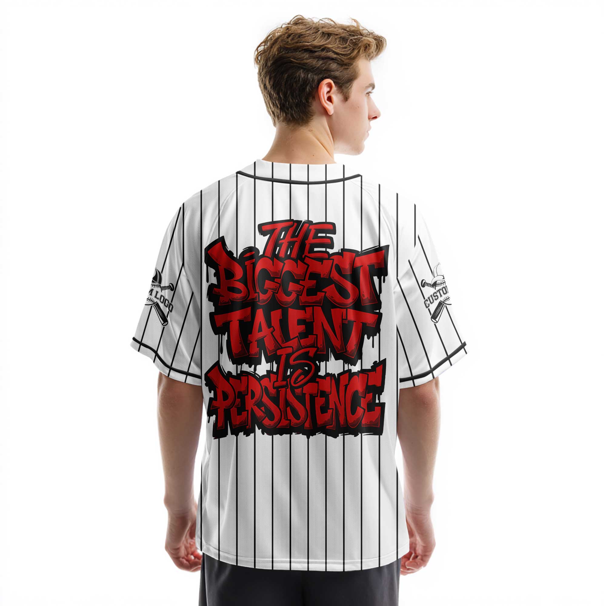 Custom White and Black Pinstripes Baseball Jersey - Talent Is Persistence