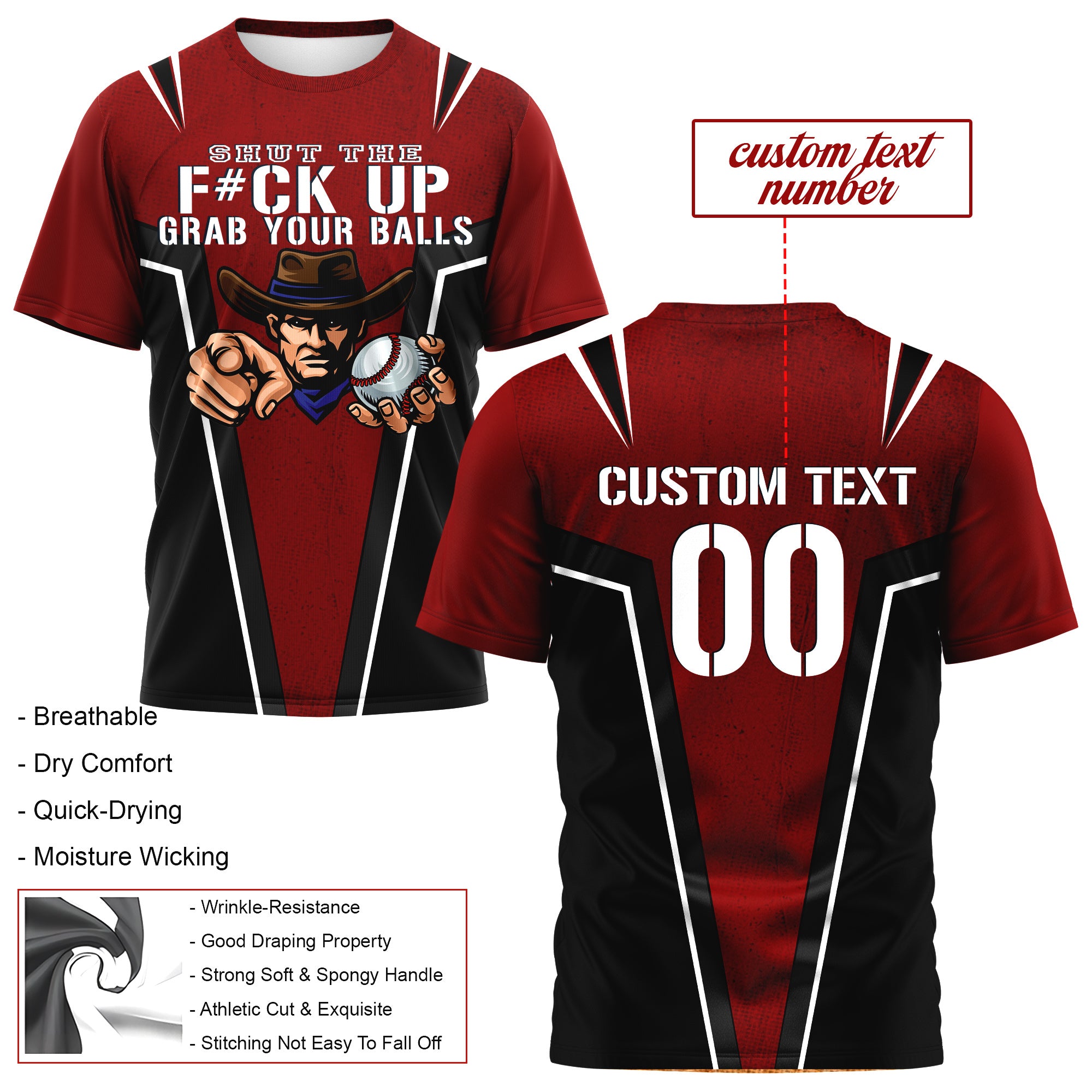 Go Grab Your Balls Custom All Over Print Baseball Black and Red T-Shirt