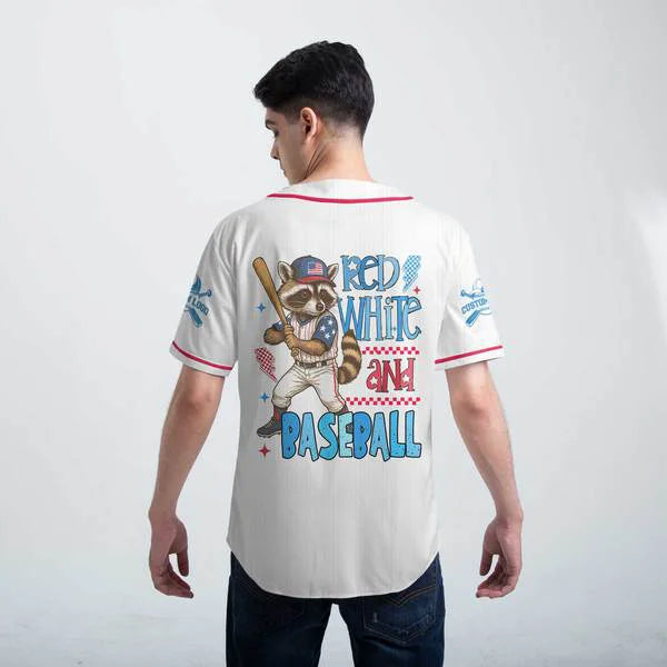 Red White, and Baseball - Racoon Baseball Player White Jersey - Personalized USA Baseball Jersey, Custom 4th of July Independence Day Patriotic