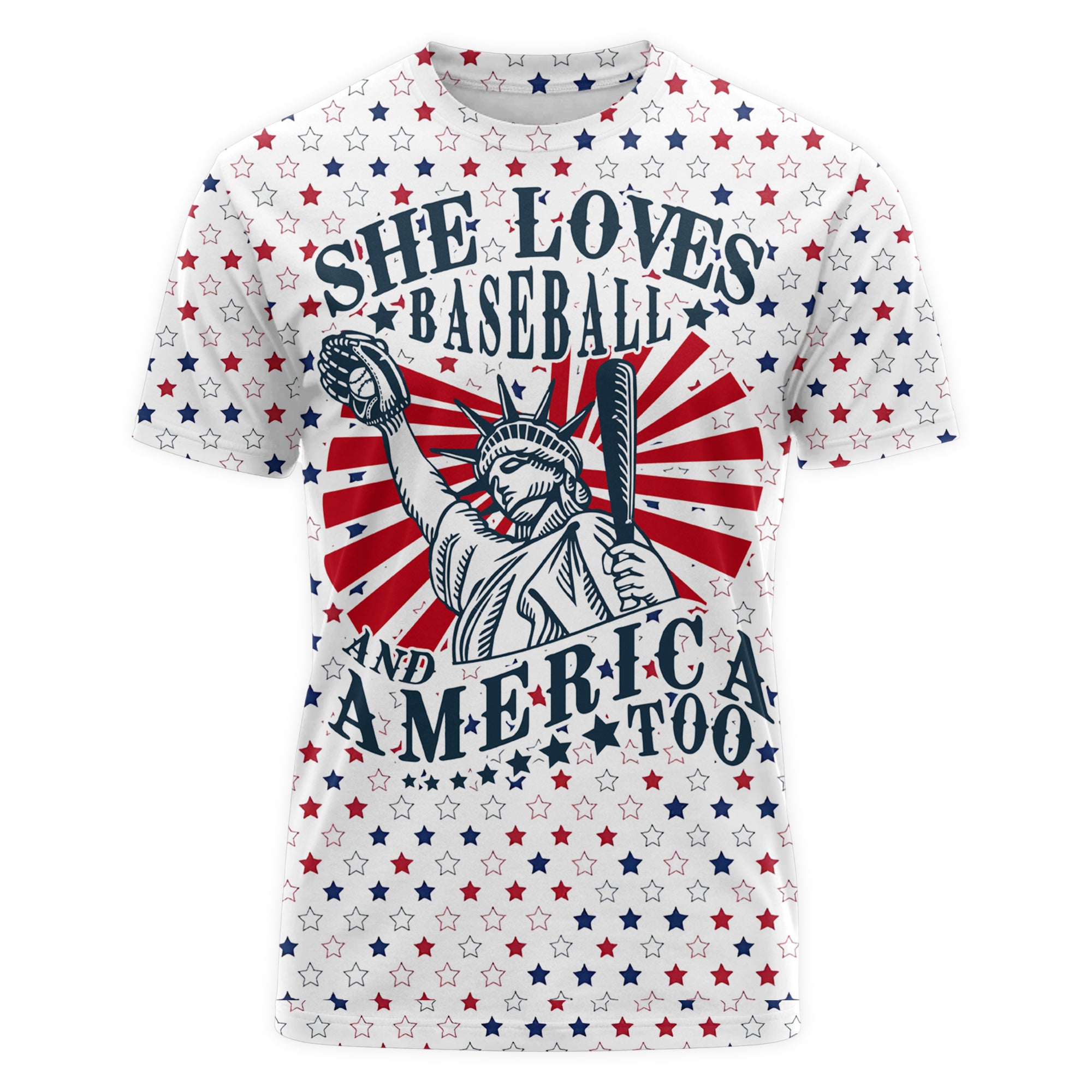 She Loves Baseball And America Too All Over Print Baseball T-Shirt