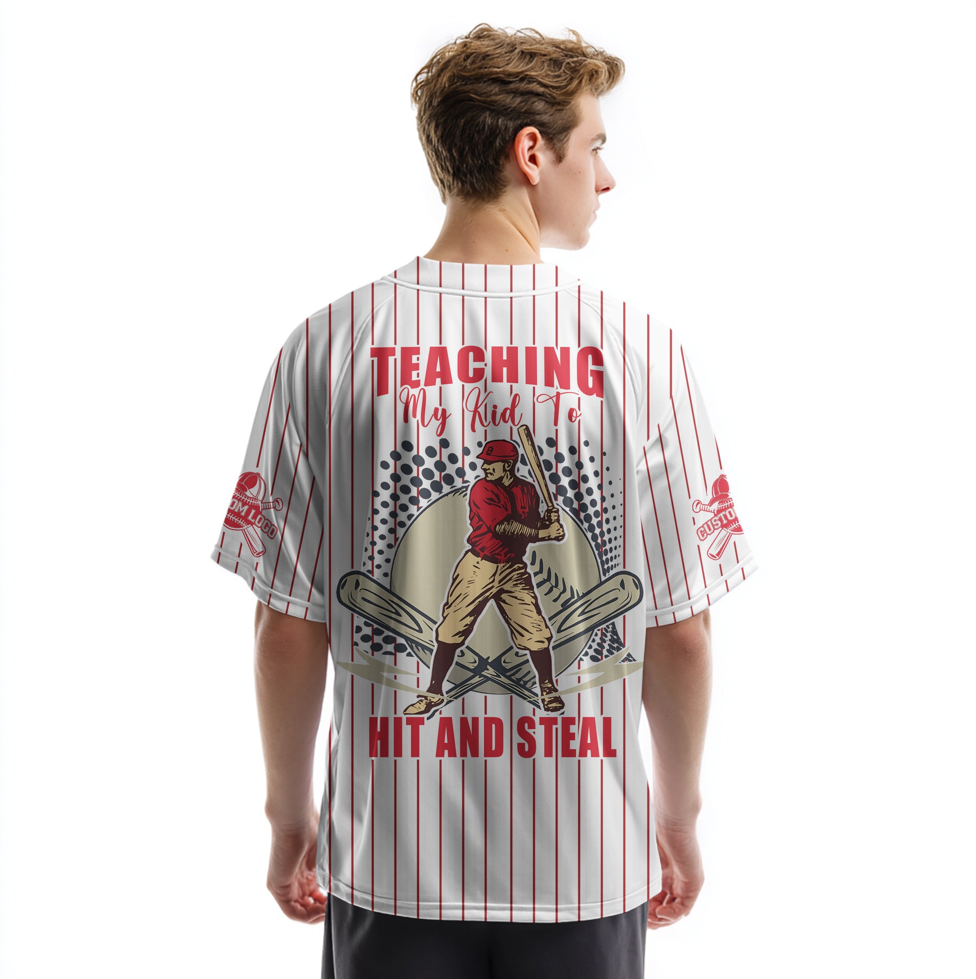Teaching My Kid To Hit And Steal - Custom White and Red Striped Baseball Jersey