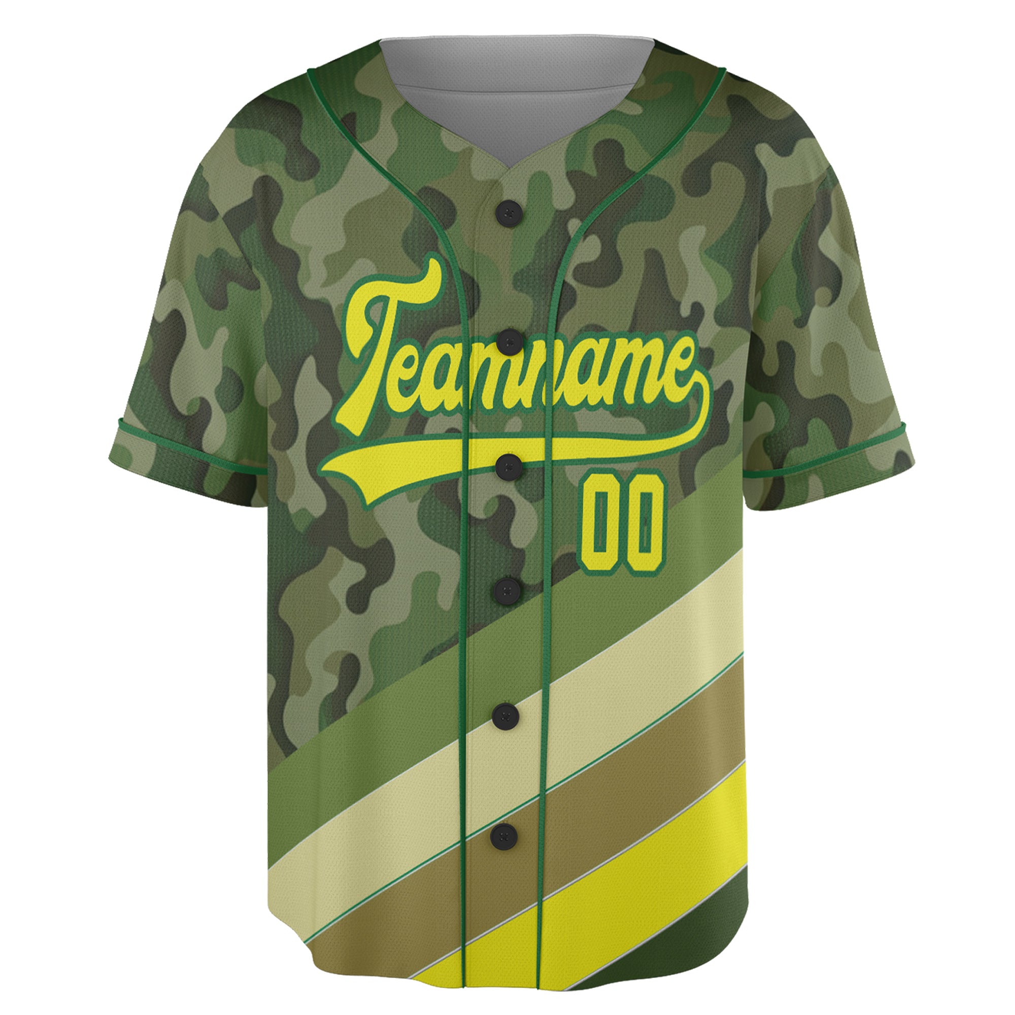 Custom Camo Baseball Jersey with Green-Yellow Stripe Accents