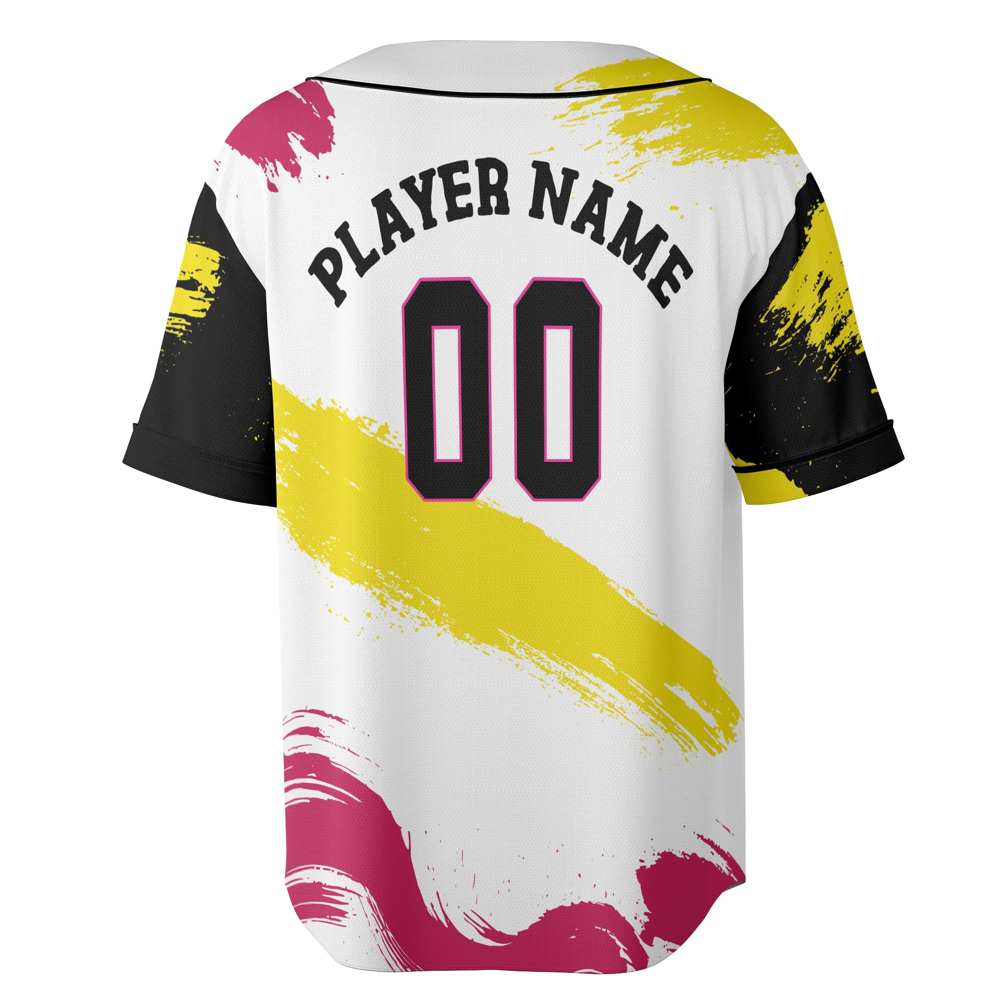 Custom White Baseball Jersey with Neon Yellow and Magenta Paint Strokes
