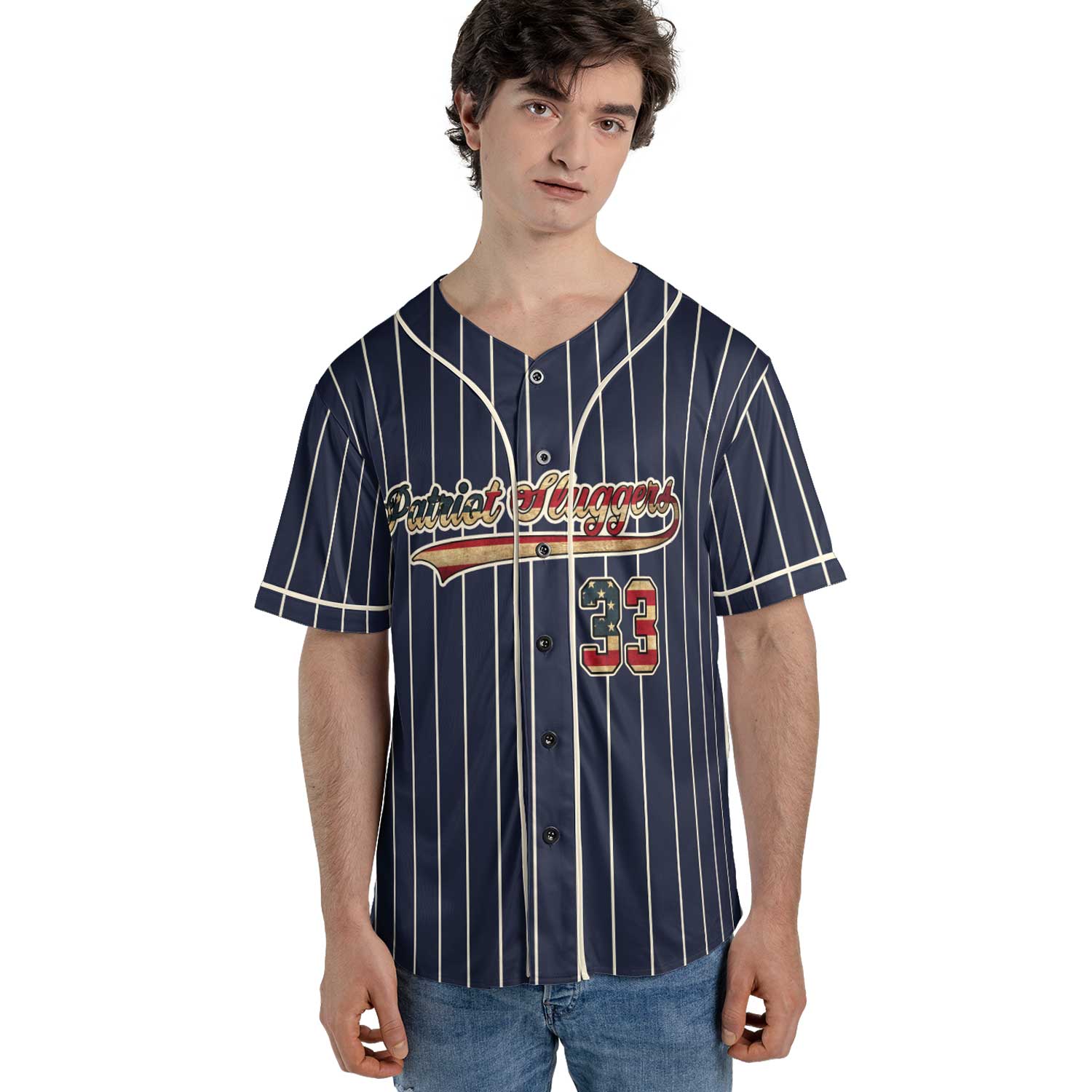 Personalized Navy Pinstripe Baseball Jersey – Vintage Style with USA Flag Number & Custom Name