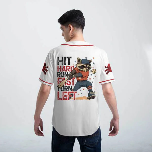 Hit Hard Run Fast Turn Left - Racoon Player  - Custom Baseball Jersey - Custom name, number - Baseball Lover