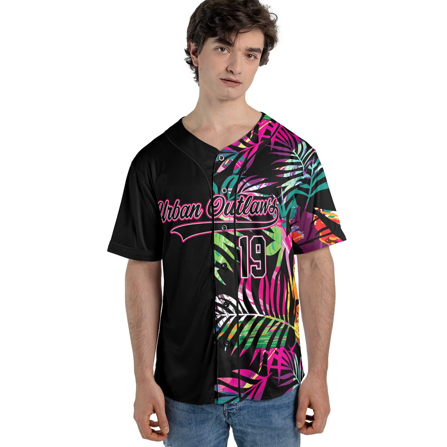 Custom Tropical Neon Baseball Jersey – Urban Outlaws Black Streetwear with Palm Leaf Print