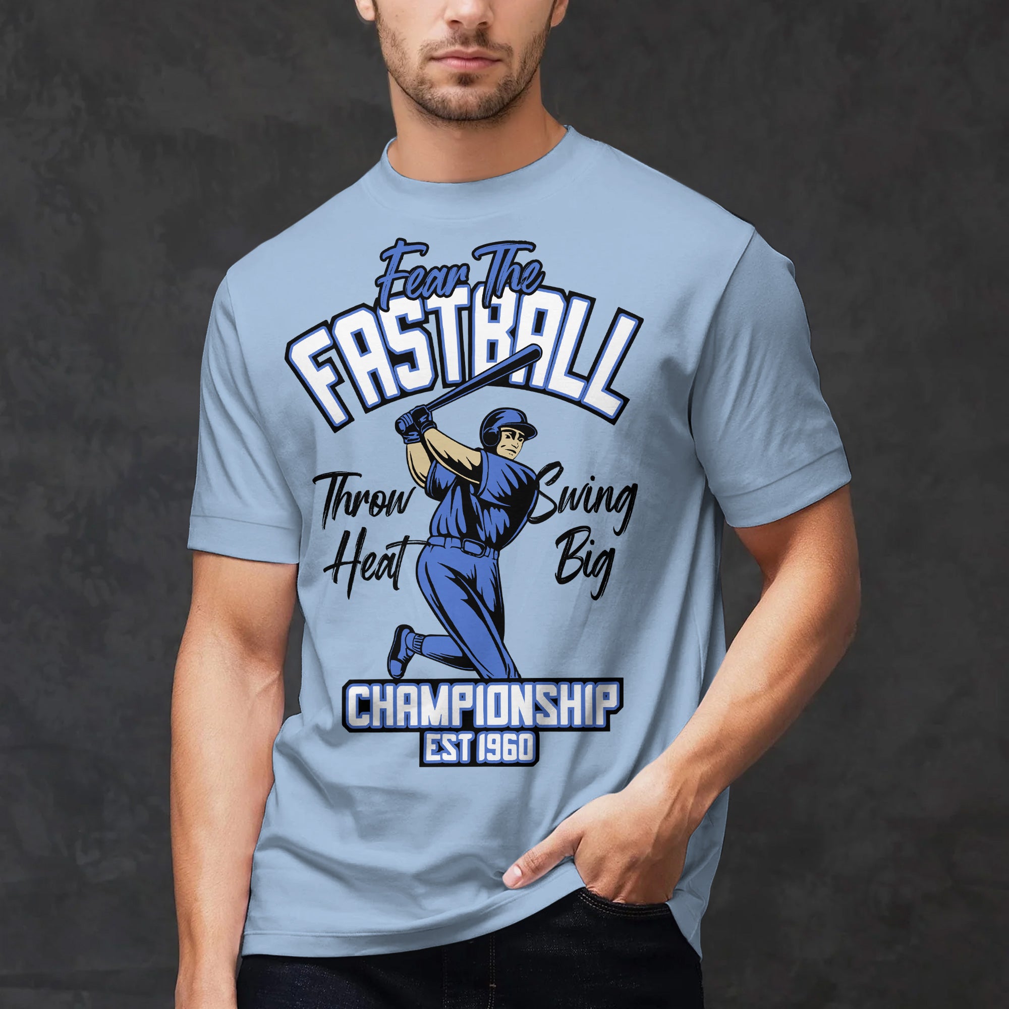 Throw Heat Swing Big White Light Blue Baseball T-Shirt