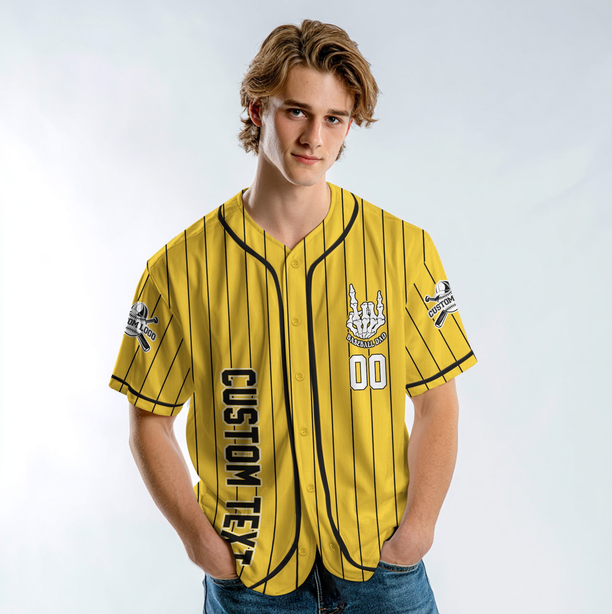 FATHERHOOD - Some Days I Rock It, Some Days It Rocks Me, Either Way We're Rockin - Custom Yellow and Black Striped Baseball Jersey