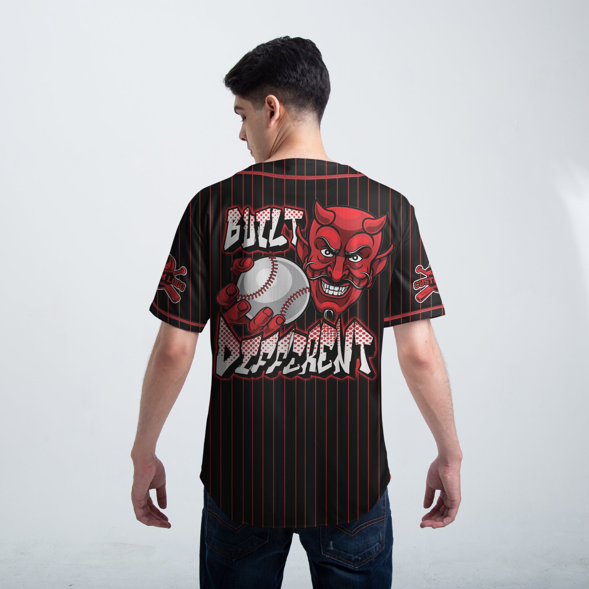Custom Black Red Pinstripes Baseball Jersey - Built Different