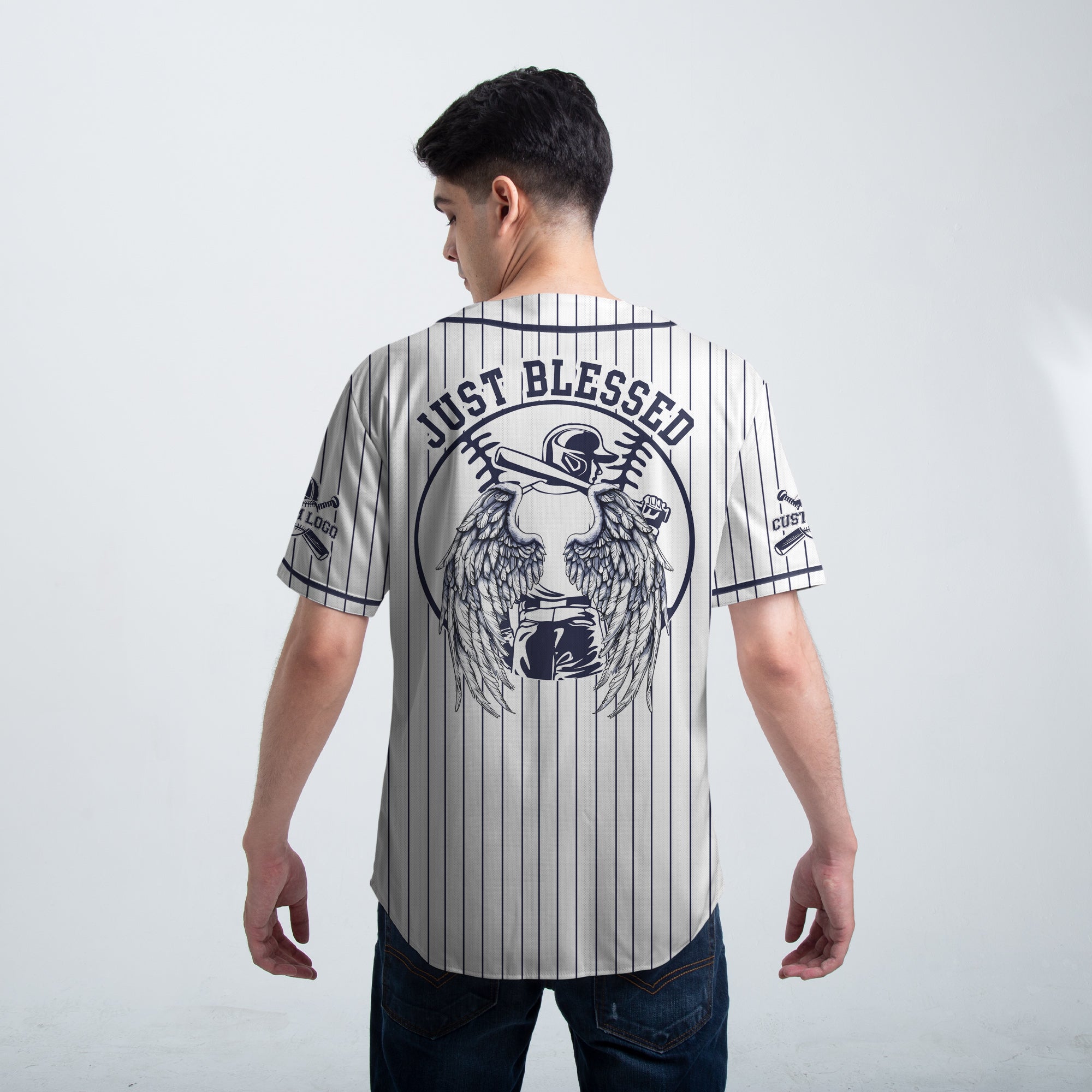 Custom White Navy Pinstripes Baseball Jersey - Just Blessed