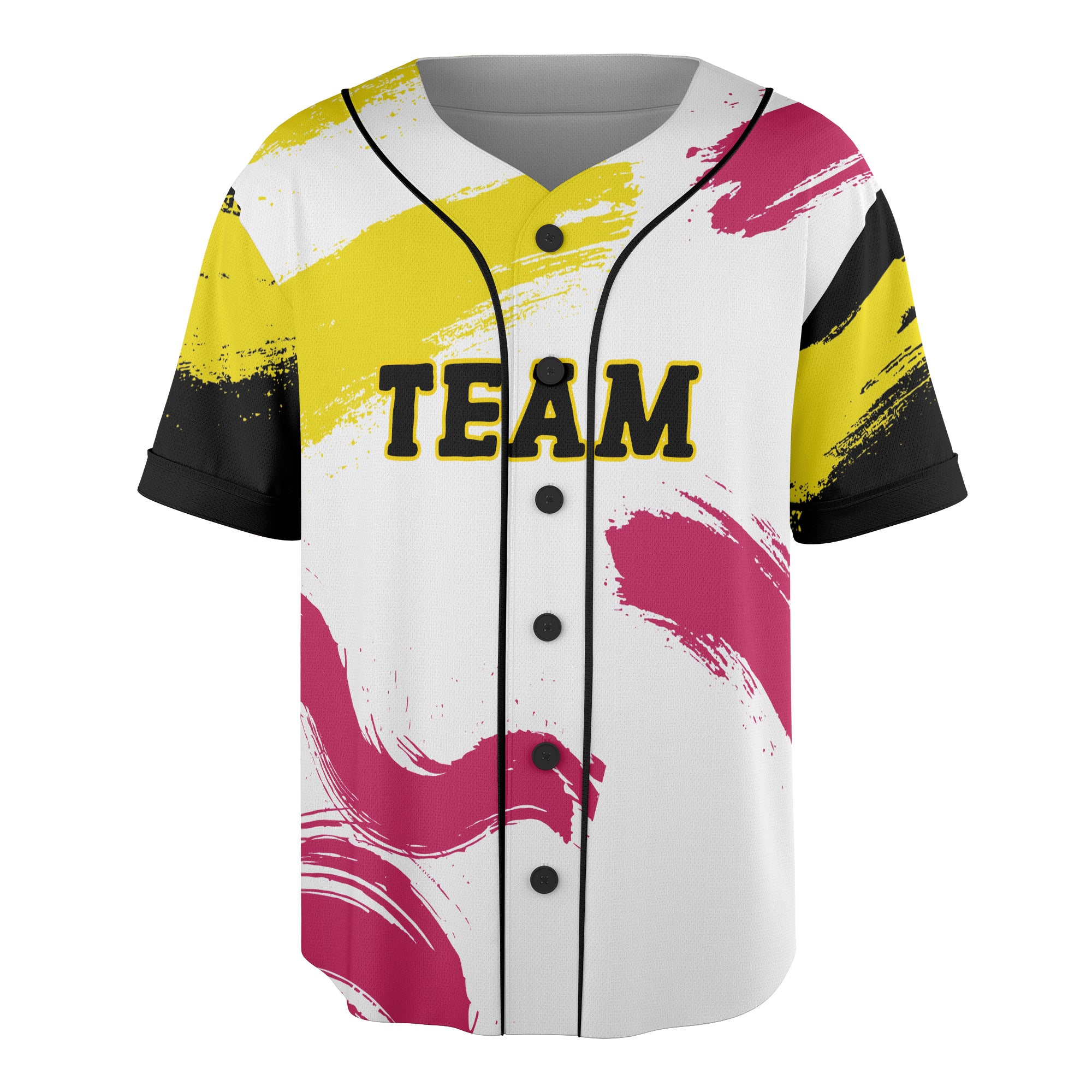 Custom White Baseball Jersey with Neon Yellow and Magenta Paint Strokes
