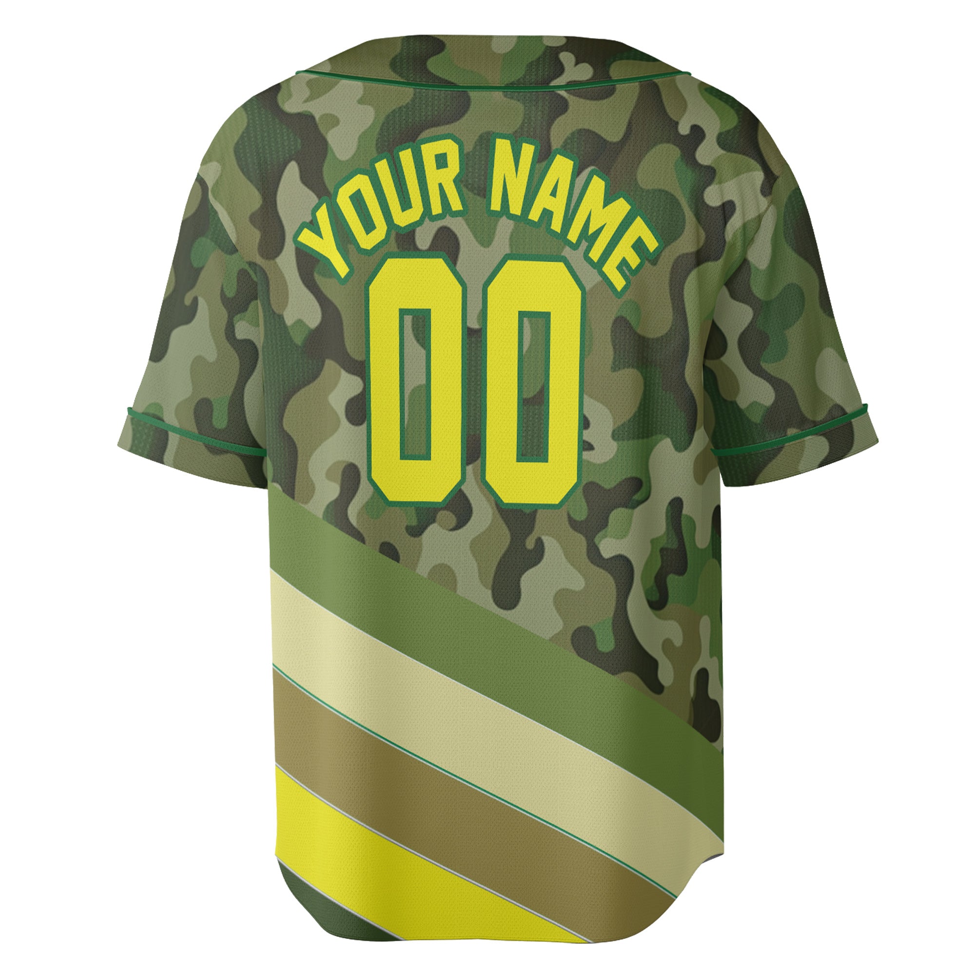 Custom Camo Baseball Jersey with Green-Yellow Stripe Accents