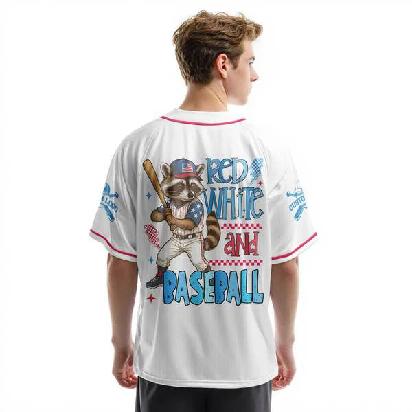 Red White, and Baseball - Racoon Baseball Player White Jersey - Personalized USA Baseball Jersey, Custom 4th of July Independence Day Patriotic