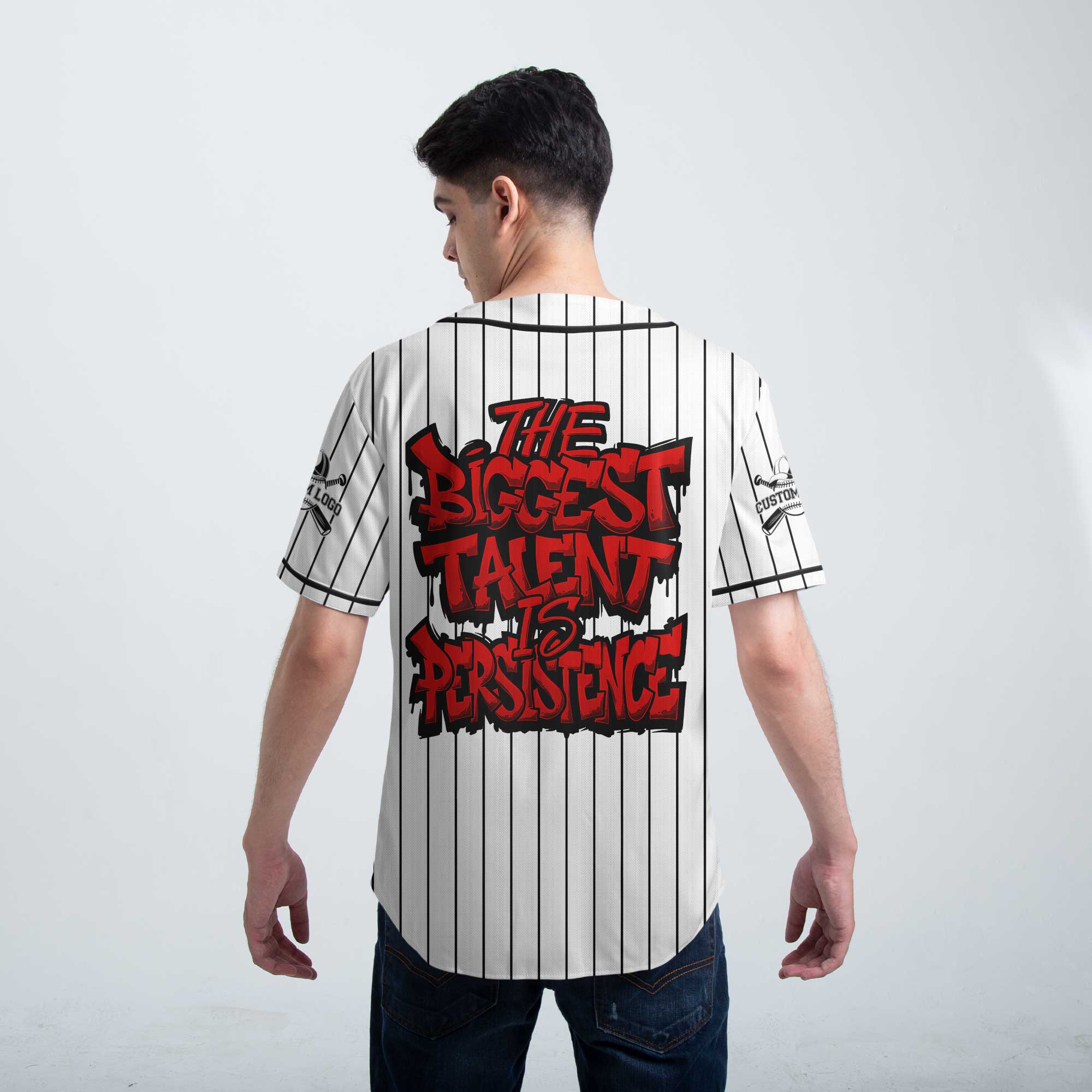 Custom White and Black Pinstripes Baseball Jersey - Talent Is Persistence