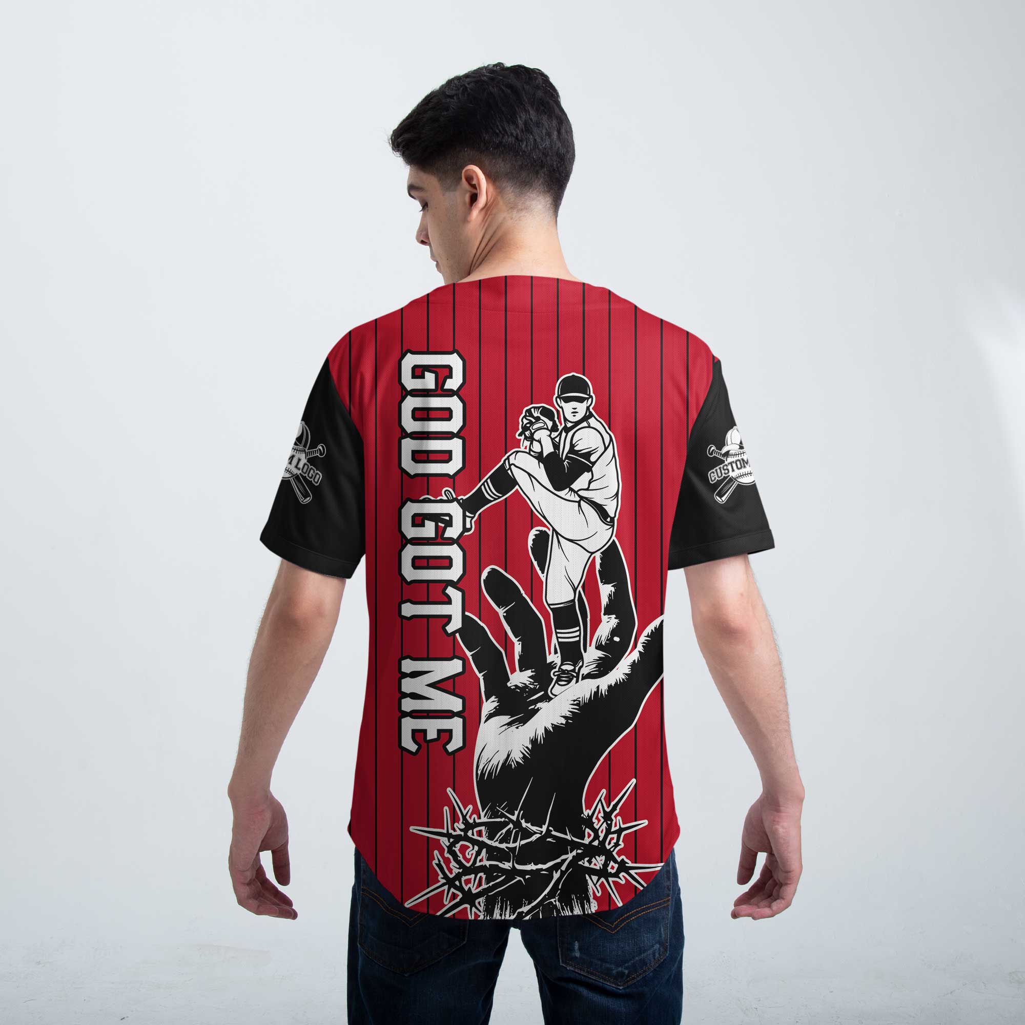 Custom Red and Black Pinstripes Baseball Jersey - God Got Me