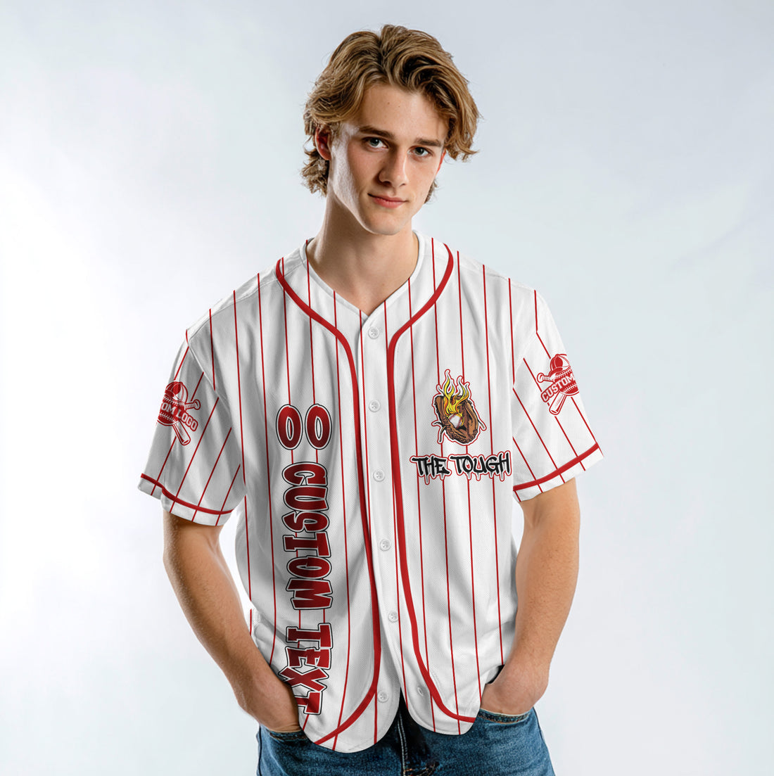 Custom Red Striped Baseball Jersey - Tough People Never Fall