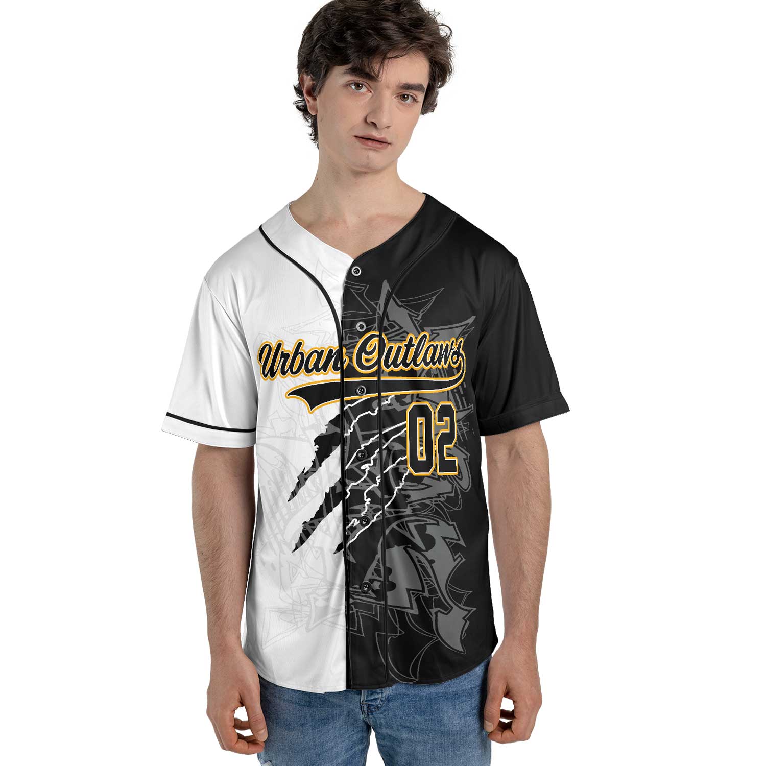 Custom Half-Black Half-White Graffiti Baseball Jersey – Streetwear Vibes with Old Gold Trim